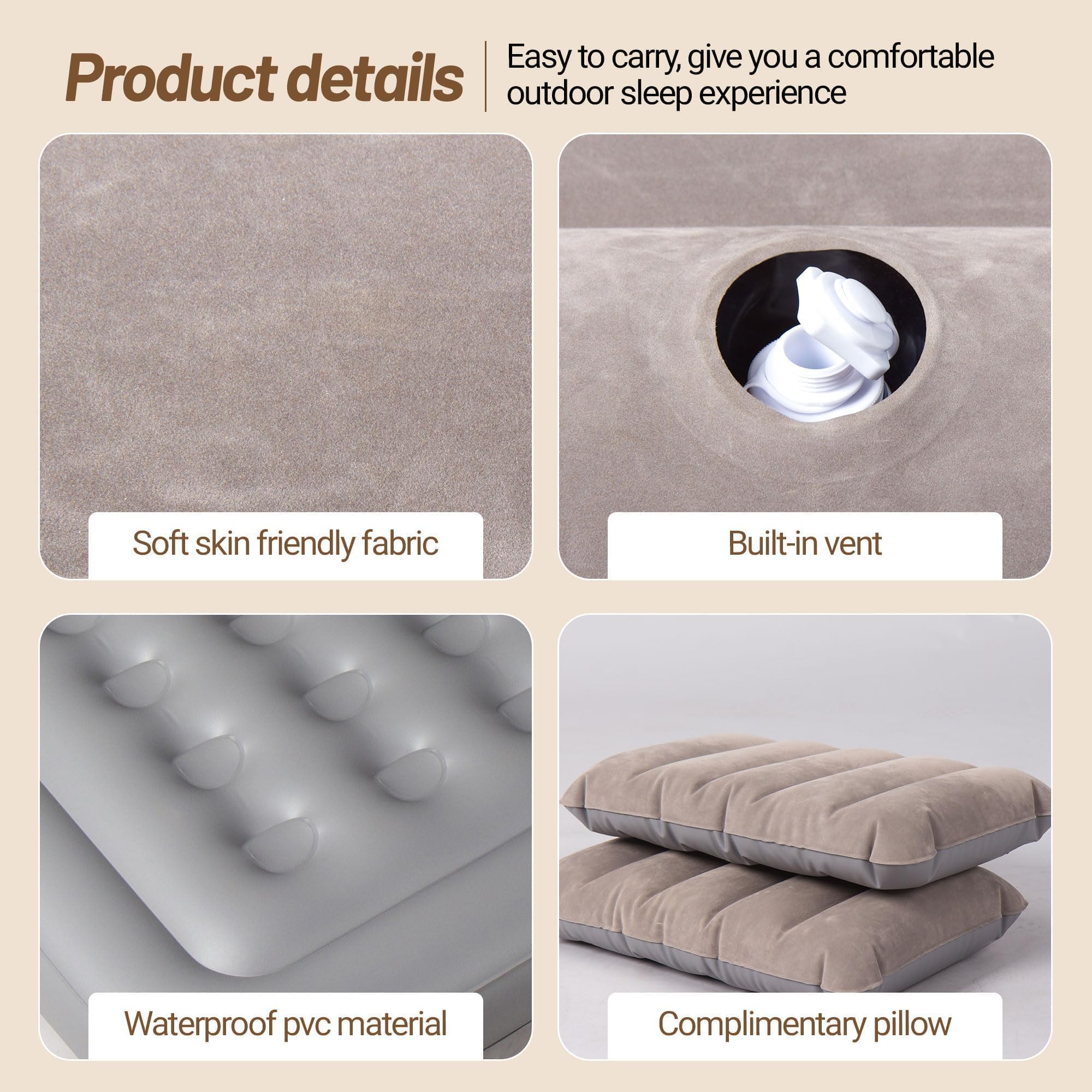 Premium Full Size Camping Air Mattress with Pillow - Inflatable, Leak-Proof & Velvet Cover - Supports 440 lbs - Lightweight & Portable for Outdoor Adventures, Travel & Home Use - Ideal for Camping Trips, Guest Beds & Emergency Sleepovers