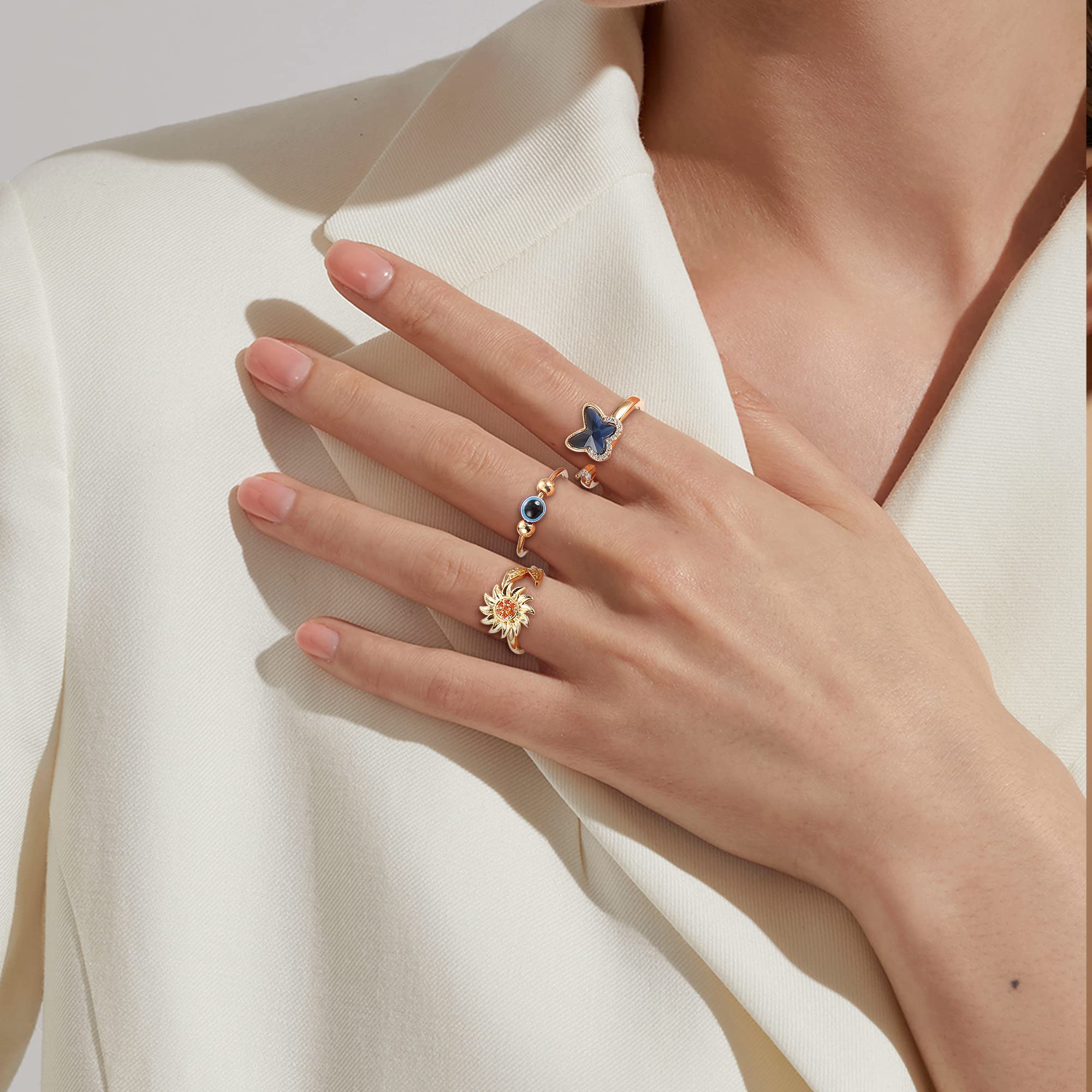 FIBO STEEL 9 Pcs Anxiety Relief Spinner Rings for Women & Men - Stress Relieving Rotatable Rings with CZ Flower Moon Star Design, Adjustable Size for Office, Travel & Daily Wear