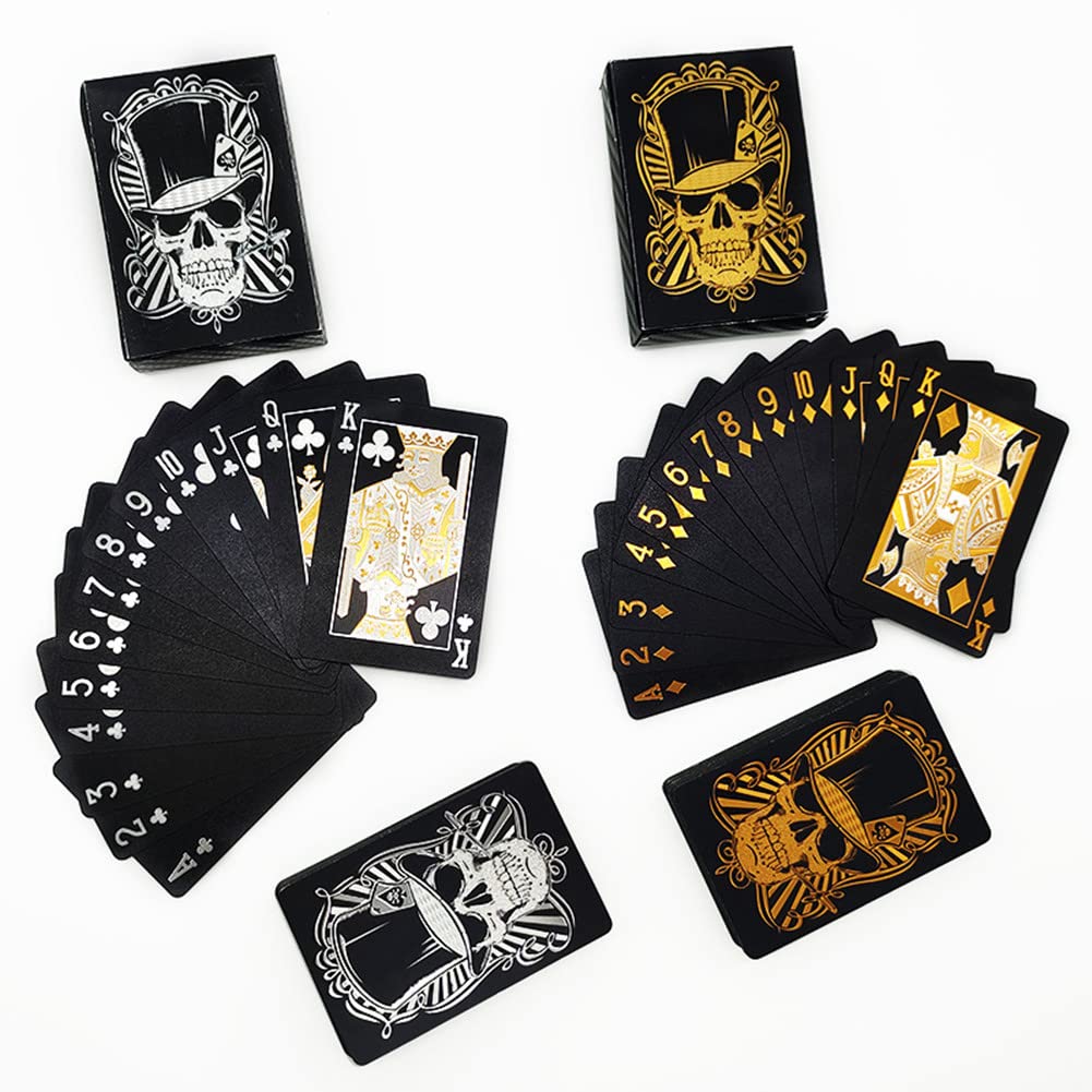 2 Pack Black Skull Poker Playing Cards - Waterproof Plastic with Gold Foil, Highly Flexible (2 Decks + Storage Bag) - Perfect for Poker Nights, Magic Tricks & Halloween Parties