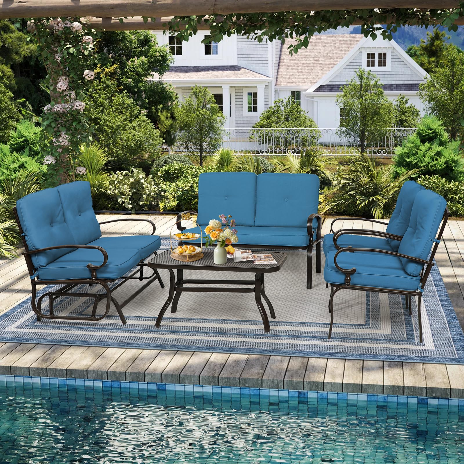 Oakcloud 5-Piece Outdoor Metal Patio Furniture Set - Wrought Iron Glider with 2 Chairs, Loveseat & Coffee Table in Peacock Blue - Perfect for Garden, Backyard, Poolside & Outdoor Relaxation