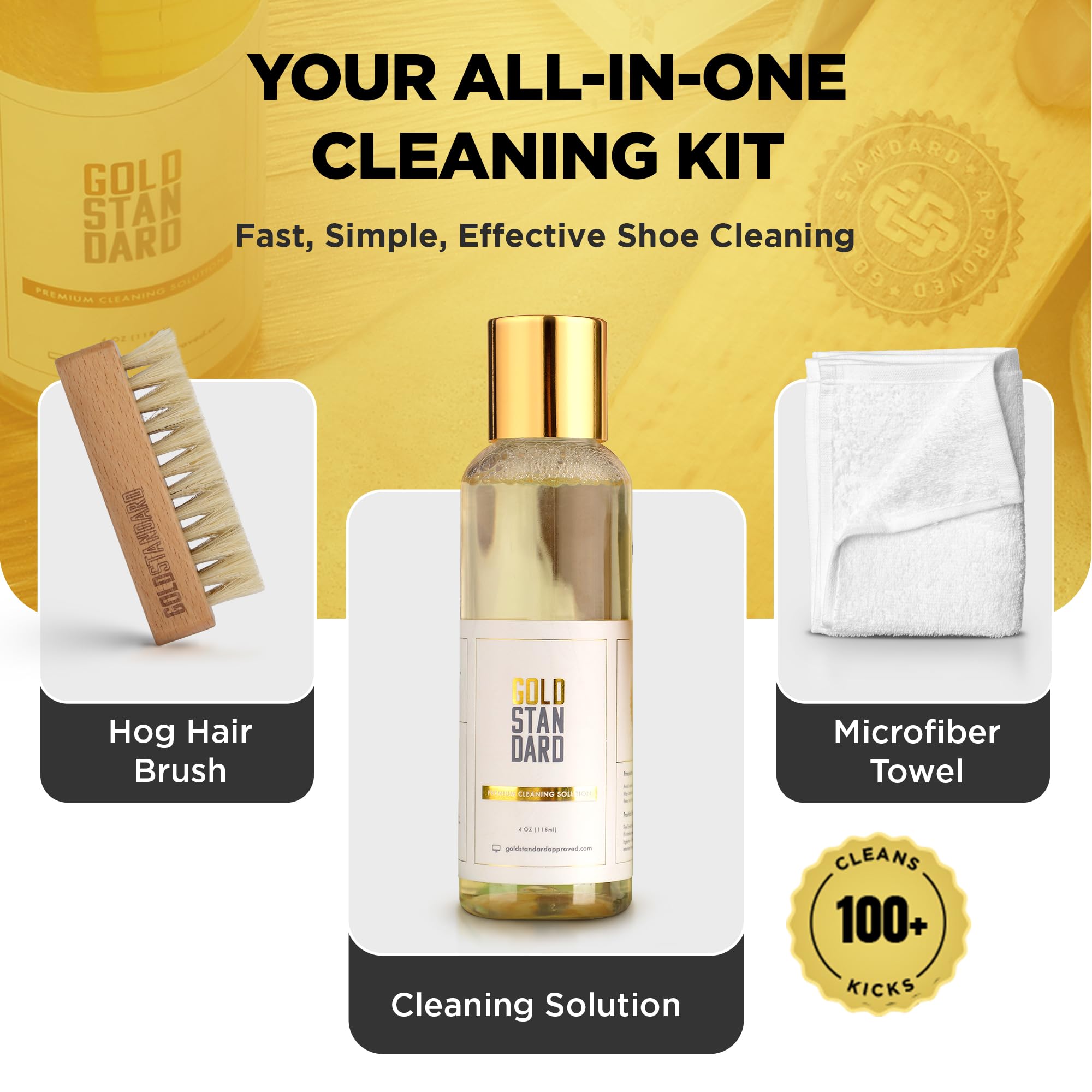 Gold Standard Shoe Cleaning Kit for Sneakers – 4 oz Shoe Cleaner Solution, Brush & Microfiber Towel – White Sneaker Cleaner Kit – Perfect for Cleaning White Shoes, Sneakers & Athletic Footwear at Home