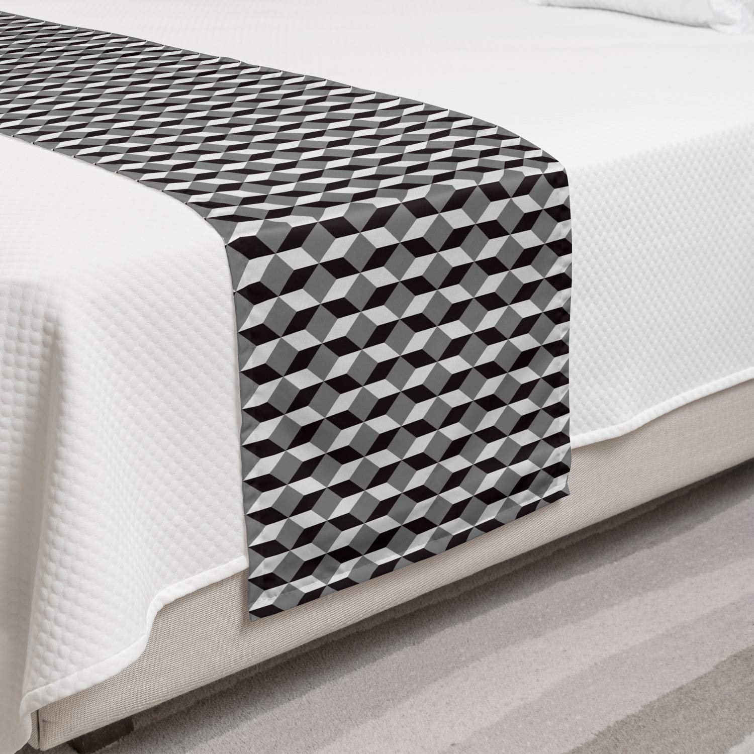 Ambesonne Geometric Bed Runner - Herringbone Zigzags Stacked Cubes Pattern in Black, Grey & Pale Grey | Decorative Bed Scarf for Hotels, Homes & Guest Rooms | Perfect for Master Bedrooms, Airbnb Listings & Luxury Bedding Accents