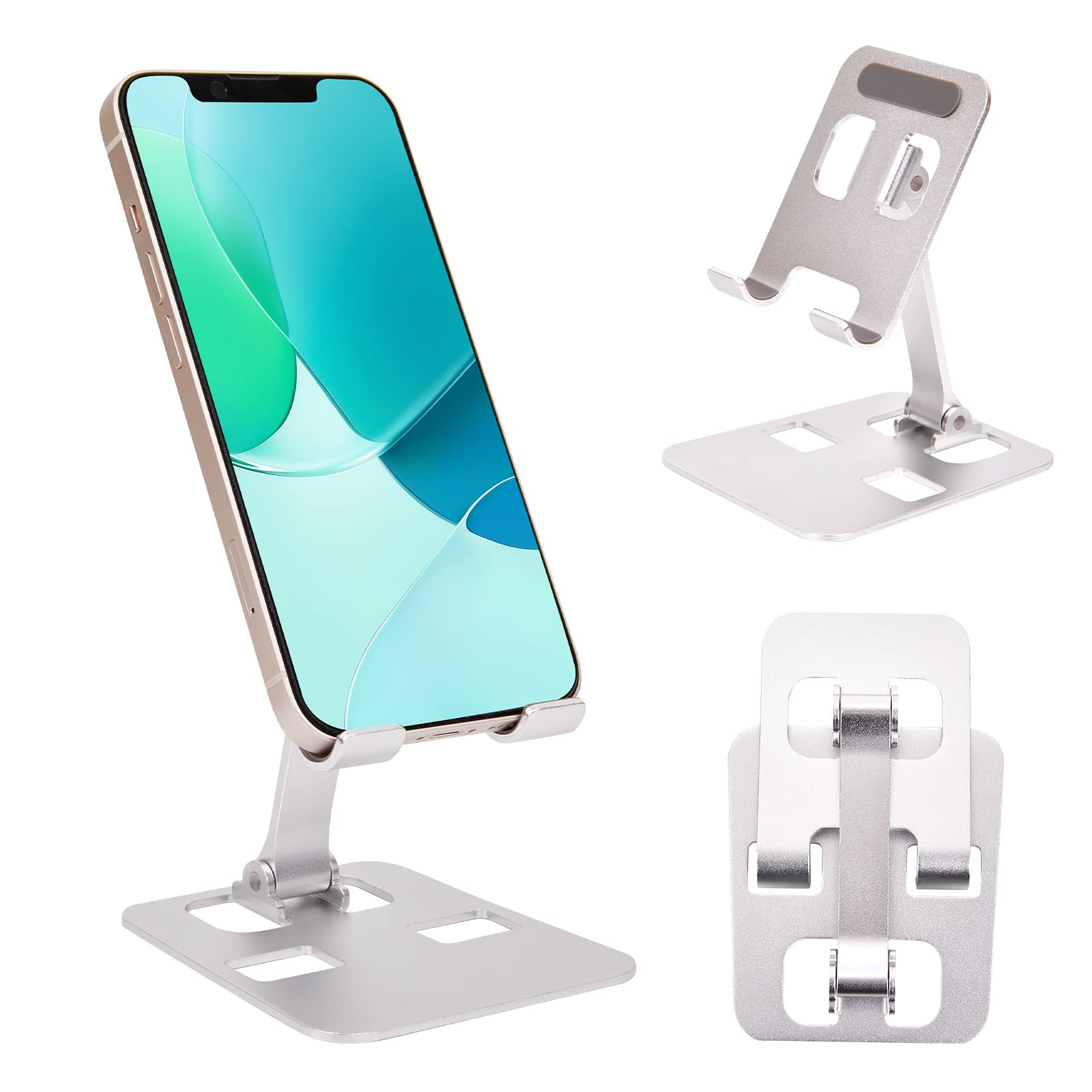 Adjustable Aluminum Foldable Phone Stand Holder for Smartphones & Tablets 4-12 inch - Portable Desktop Cell Phone Dock for Office, Home, Bed, Travel (Silver) - Perfect for Video Calls, Streaming & Hands-Free Viewing