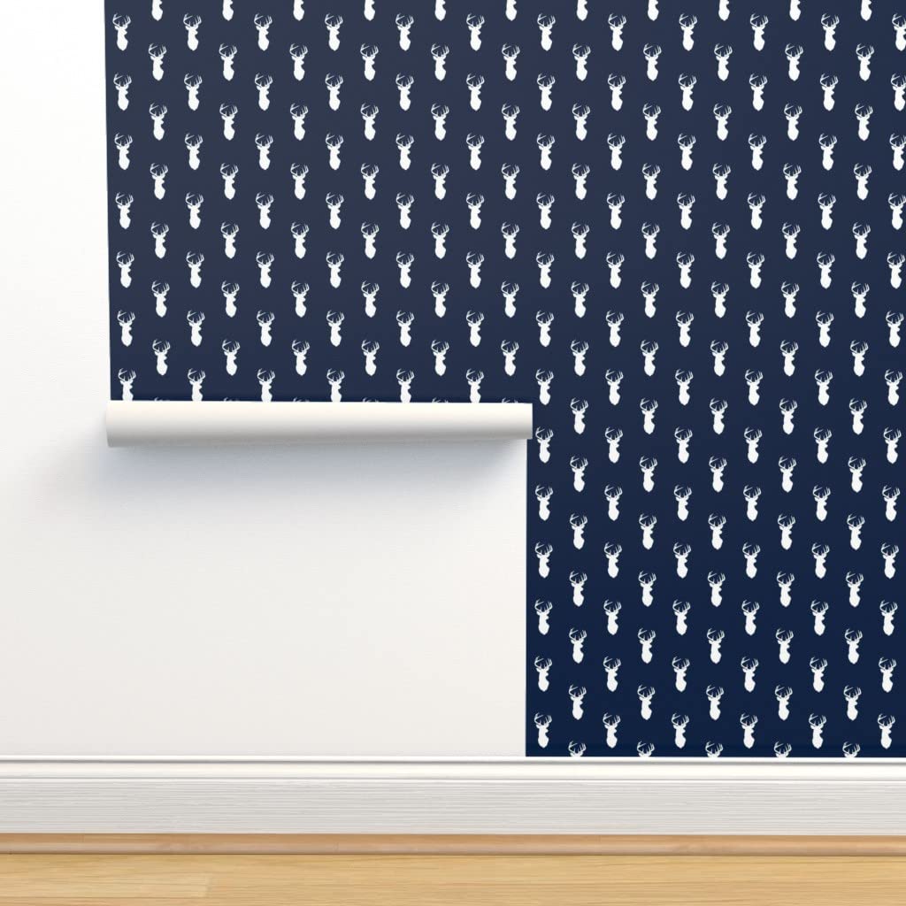 Buck Navy Deer Woodland Antlers Peel & Stick Wallpaper Swatch - Custom Removable Wallpaper for Nursery, Boys Room & Home Decor | Spoonflower