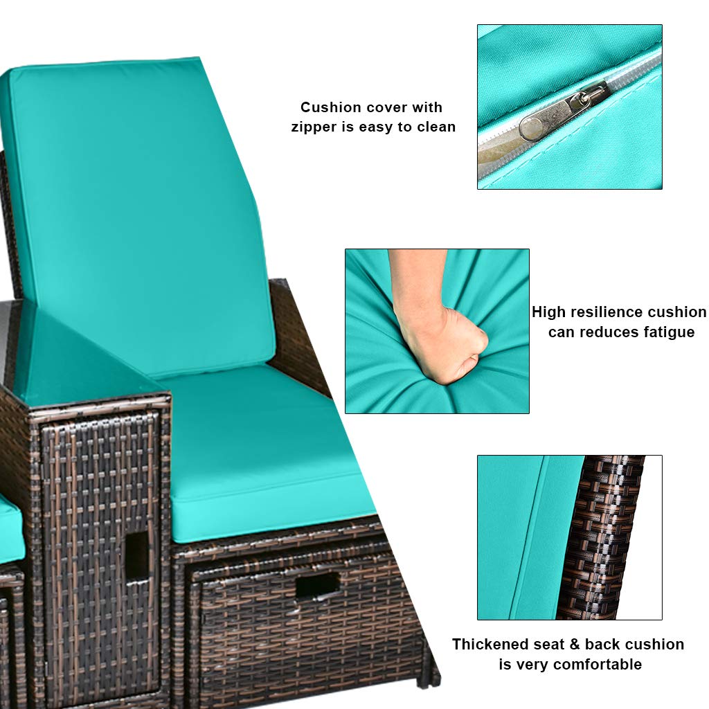 5PCS Outdoor Wicker Chaise Lounge Chair Set - Adjustable Rattan Reclining Patio Furniture with Ottoman & Coffee Table, Waterproof Cushions for Backyard, Poolside, Beach (Brown Wicker & Turquoise Cushion) | Perfect for Sunbathing, Relaxing & Outdoor Entertaining