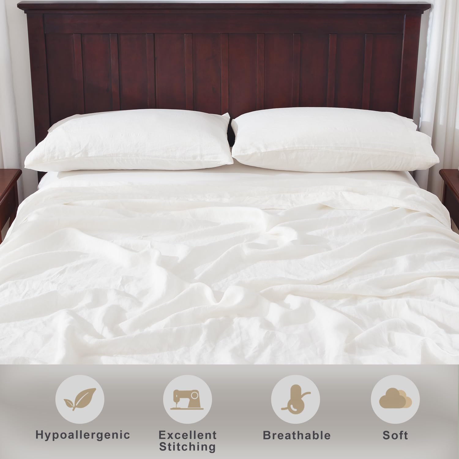 Premium 100% French Flax Linen Bedding Set - Queen Size 4pc (Flat Sheet, Fitted Sheet & 2 Pillowcases) | Natural Breathable & Soft Off White Linen Sheets for Comfortable Sleep | Perfect for Bedroom, Guest Room & Vacation Homes