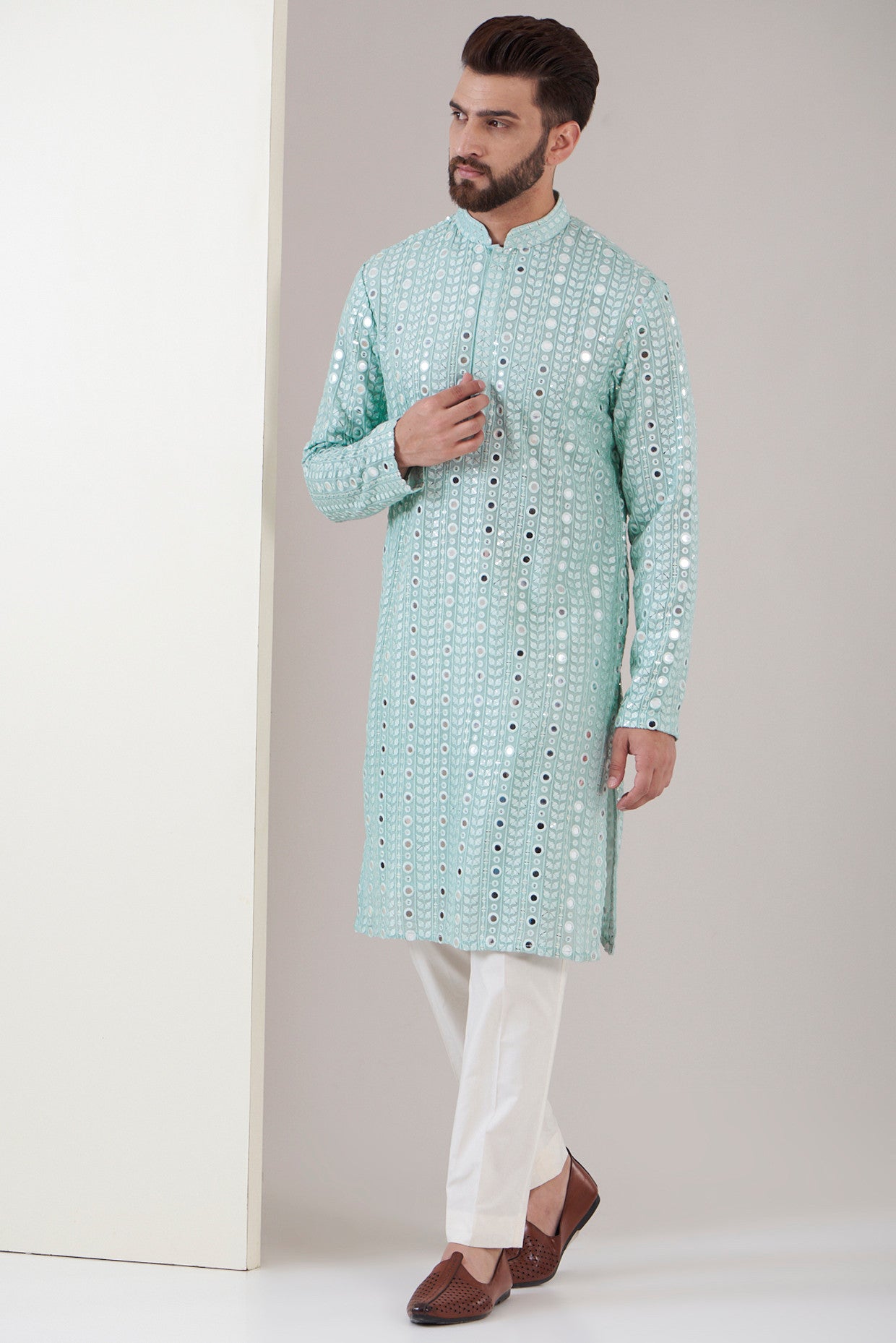 Stylish Ice Blue Mirror Work Kurta for Women – Elegant Embroidered Indian Tunic Top for Festivals & Parties