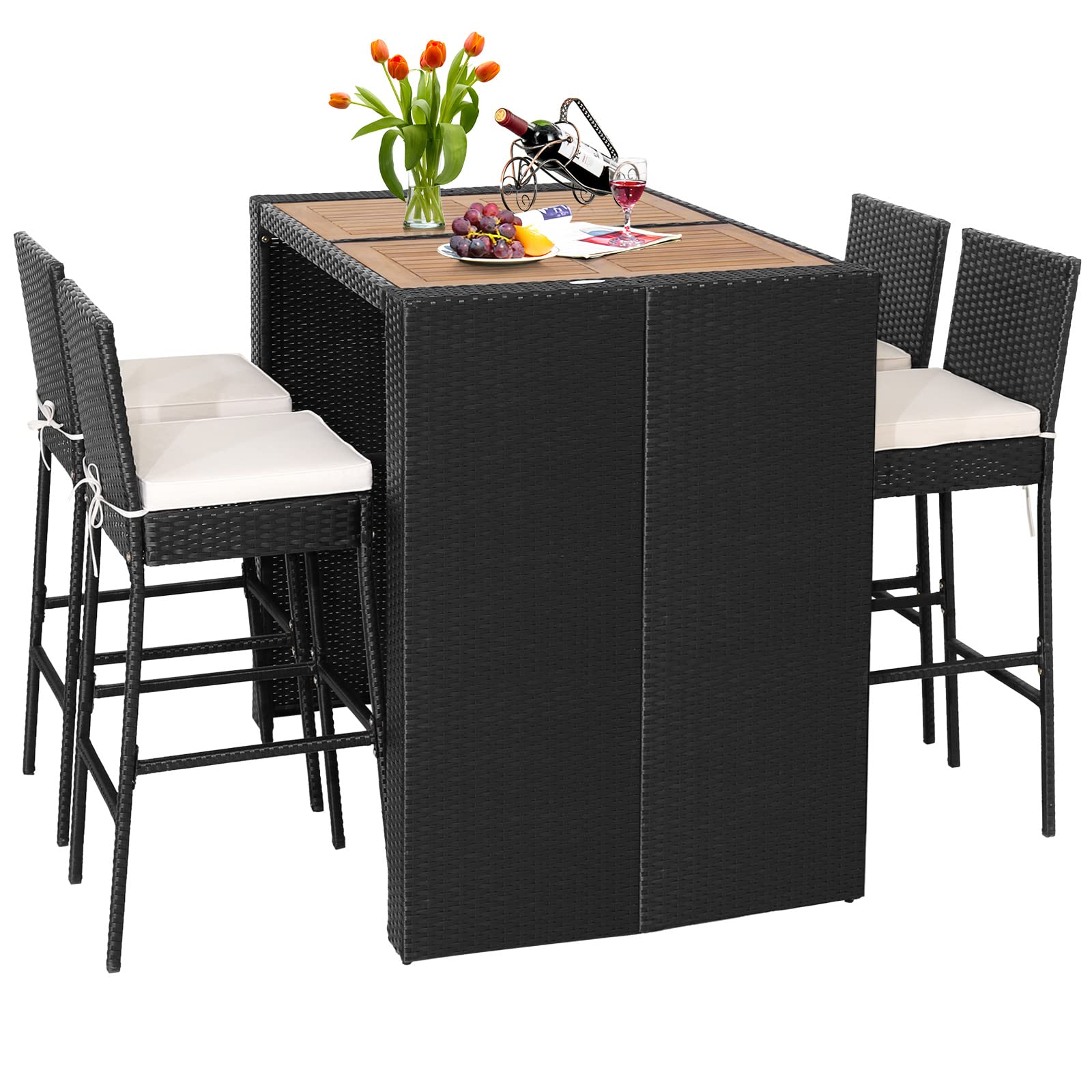 HAPPYGRILL 5-Piece Rattan Outdoor Bar Set with High Table & 4 Cushioned Bar Stools - Wicker Patio Dining Furniture for Poolside, Backyard, Garden, and Outdoor Entertaining