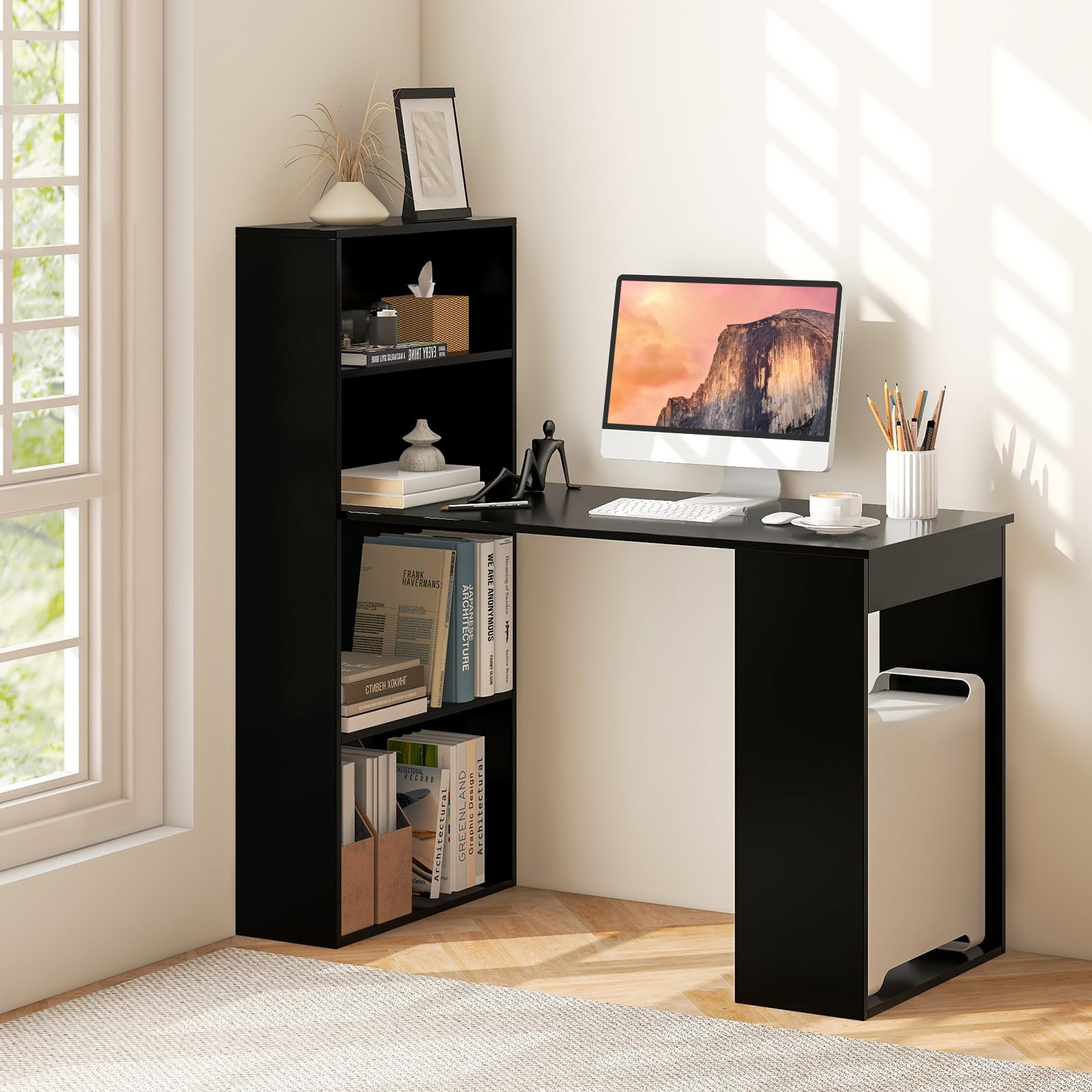 Tangkula Black Modern Computer Desk with Bookshelf - Compact Writing Study Desk with Storage Shelves & CPU Stand - Space-Saving Home Office Workstation for Small Spaces, Gaming & Remote Work