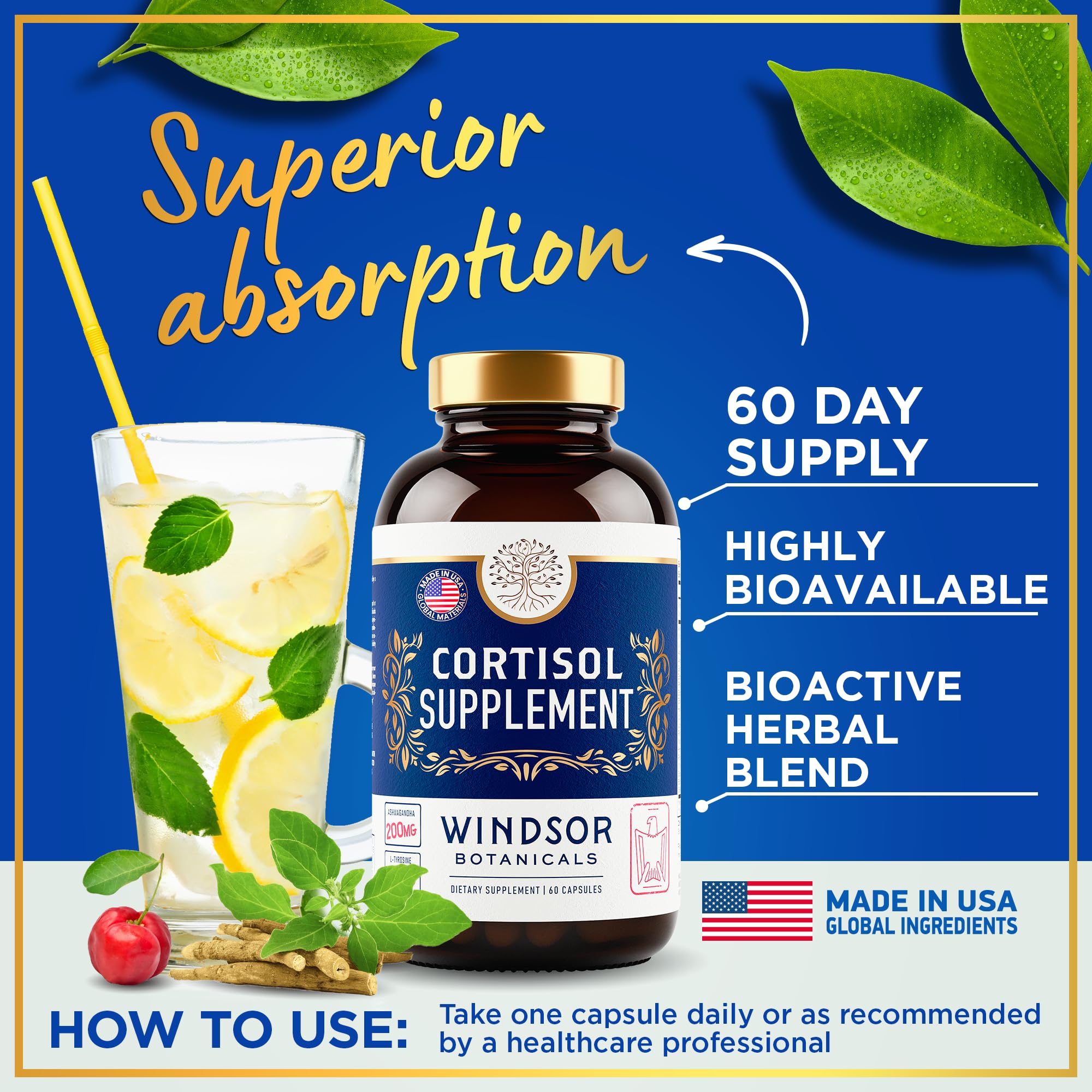 Cortisol Support Supplement for Women & Men - Stress Relief & Mood Support with Ashwagandha, L-Tyrosine & Rhodiola Rosea Extract - Promotes Relaxation & Restful Sleep - Non-GMO, 60 Capsules - Ideal for Work Stress, Anxiety & Better Sleep