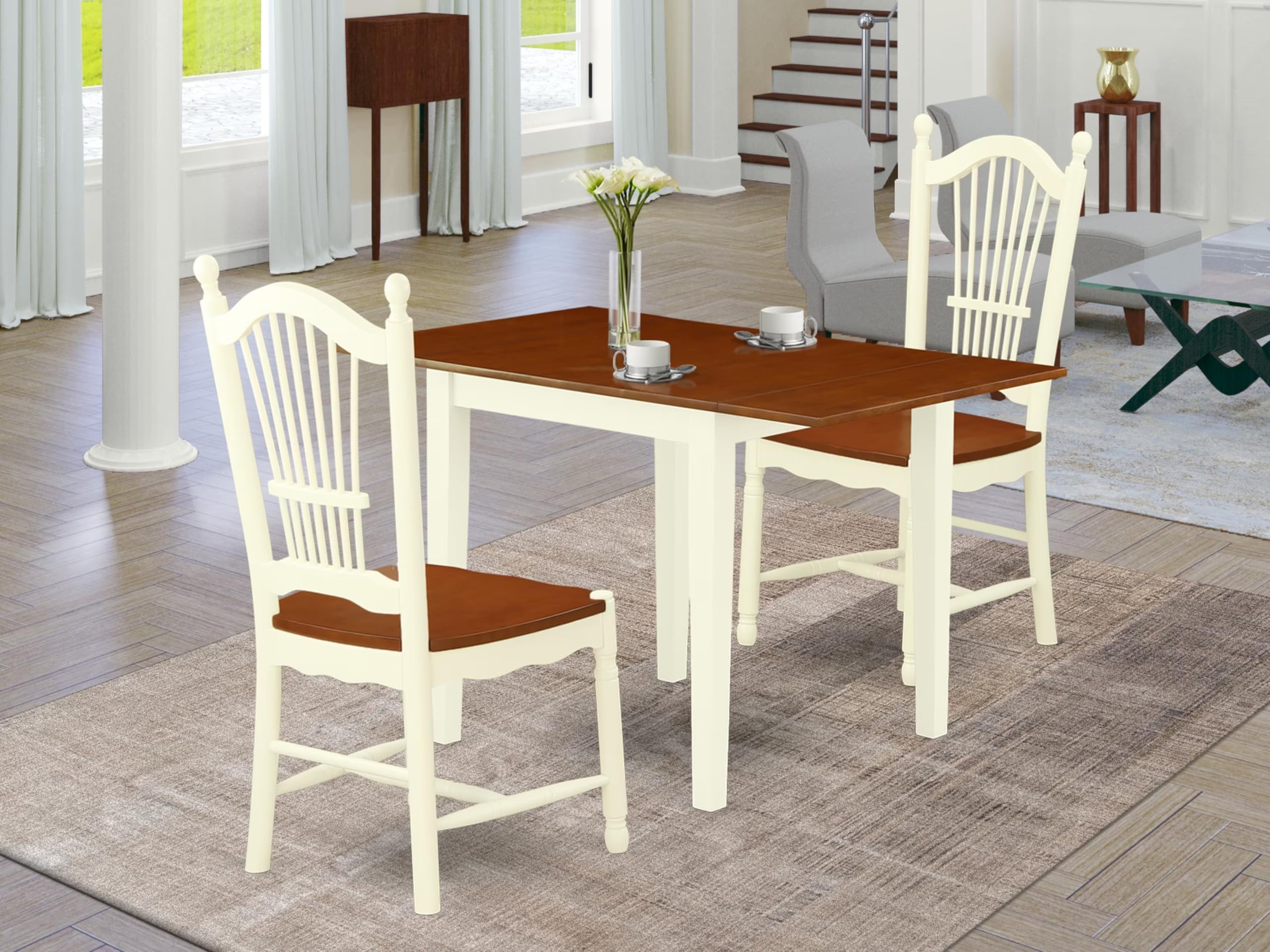 East West Furniture NDDO3-WHI-W 3 Piece Dining Set - 30x48 Inch Rectangle Drop Leaf Table with 2 Wooden Chairs in Buttermilk & Cherry - Perfect for Small Spaces, Breakfast Nooks, and Cozy Apartments
