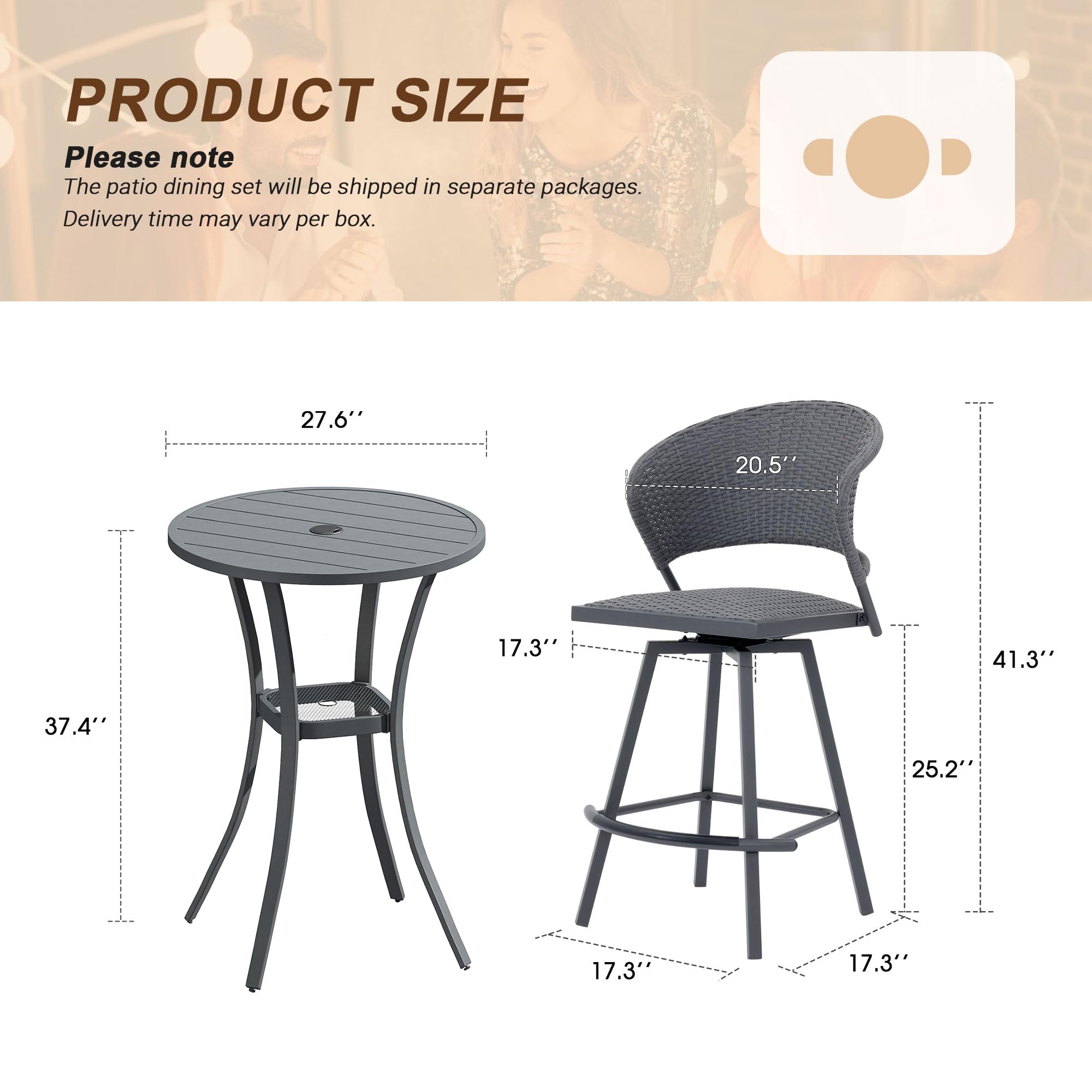 VICLLAX 3-Piece Outdoor Bar Set with 27.6