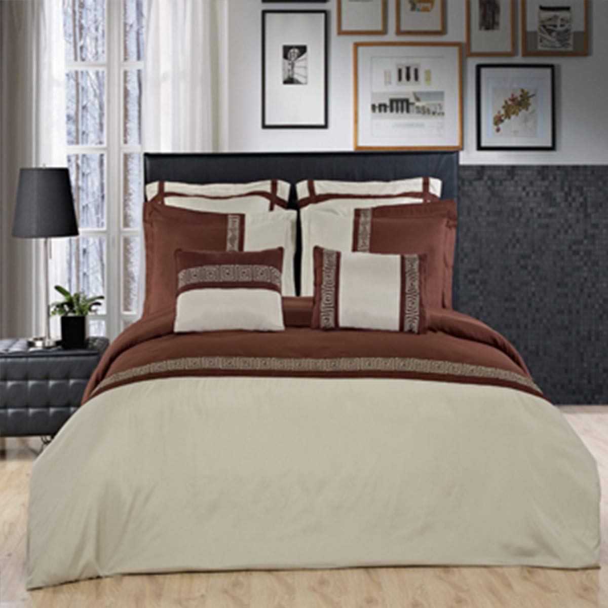 Embroidered Microfiber 8-Piece Full/Queen Size Comforter Set in Sage & Chocolate | Includes Duvet Cover & Down Alternative Comforter | Perfect for Master Bedroom, Guest Room & Cozy Home Decor