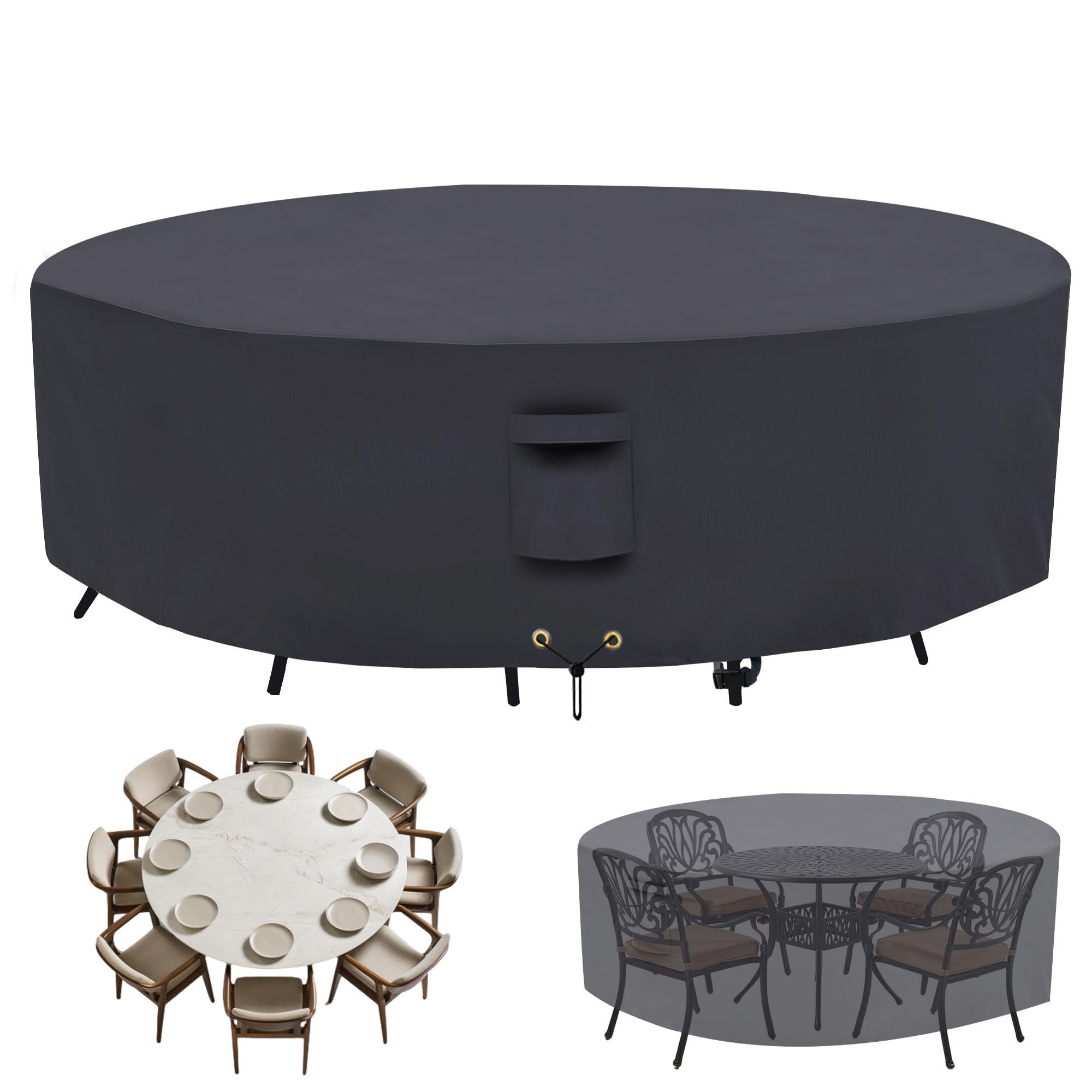Waterproof 600D Heavy Duty Round Patio Furniture Covers - Outdoor Dining Table and Chairs Set Protector (Grey, 70 x 23in) - Perfect for Backyard, Garden & All-Weather Protection
