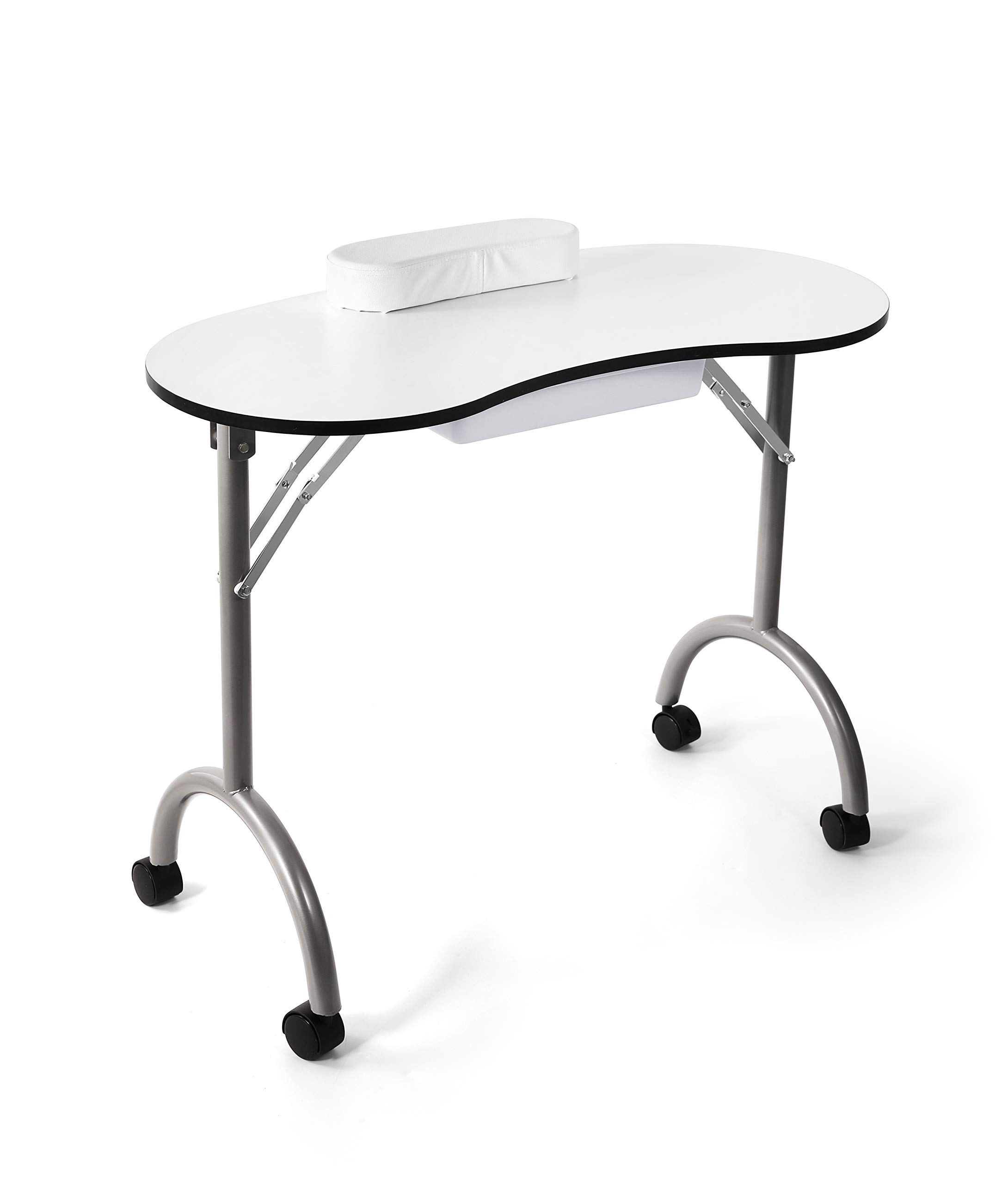 Portable Folding Nail Manicure Table with Wheels, Sponge Wrist Cushion & Large Storage Drawer - Perfect for Home Salon, Nail Techs & Mobile Beauty Services