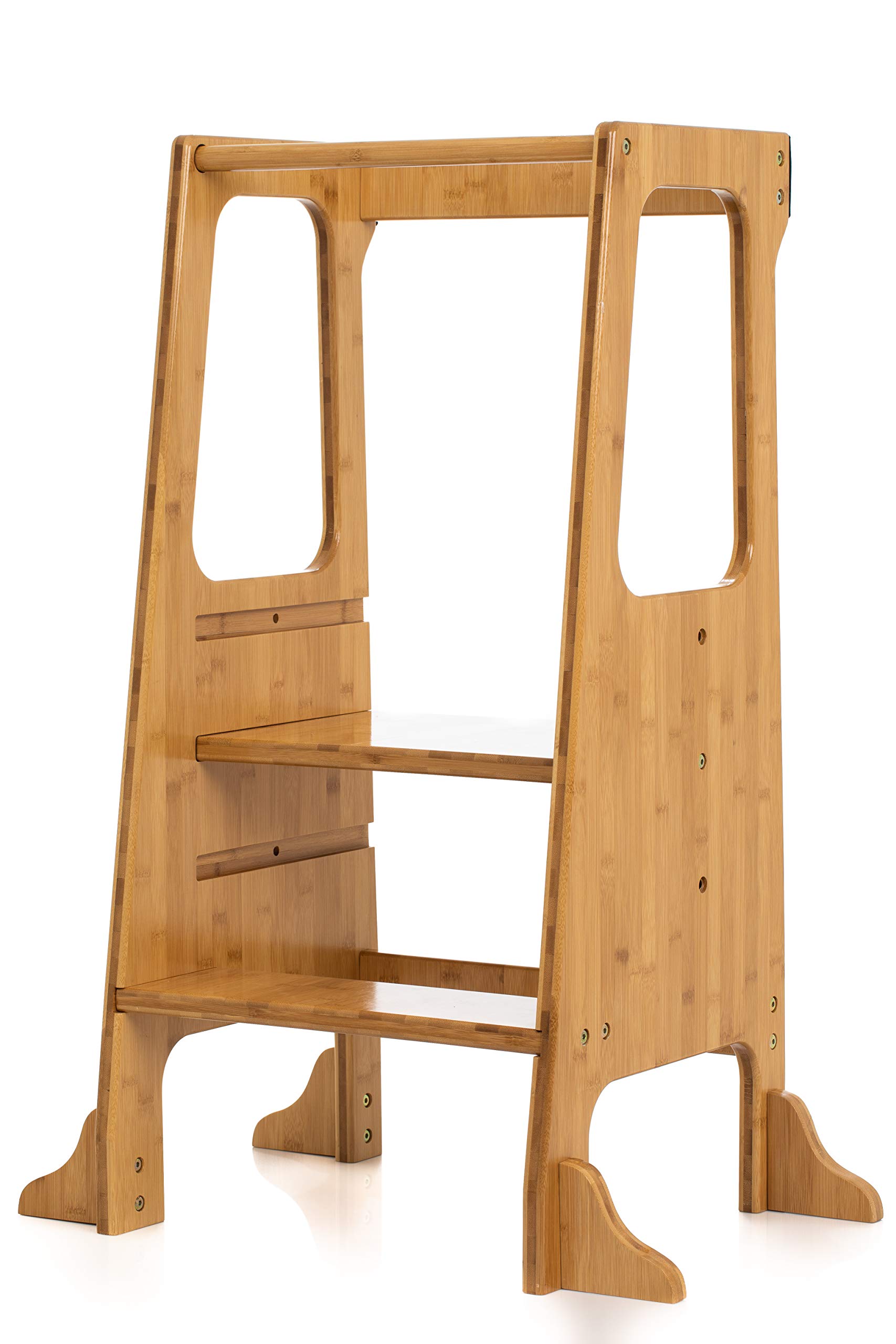 Adjustable Bamboo Kitchen Step Stool for Toddlers & Kids - Safe Learning Tower with Height Adjustment & Safety Rail - Perfect for Baking, Cooking & Countertop Activities