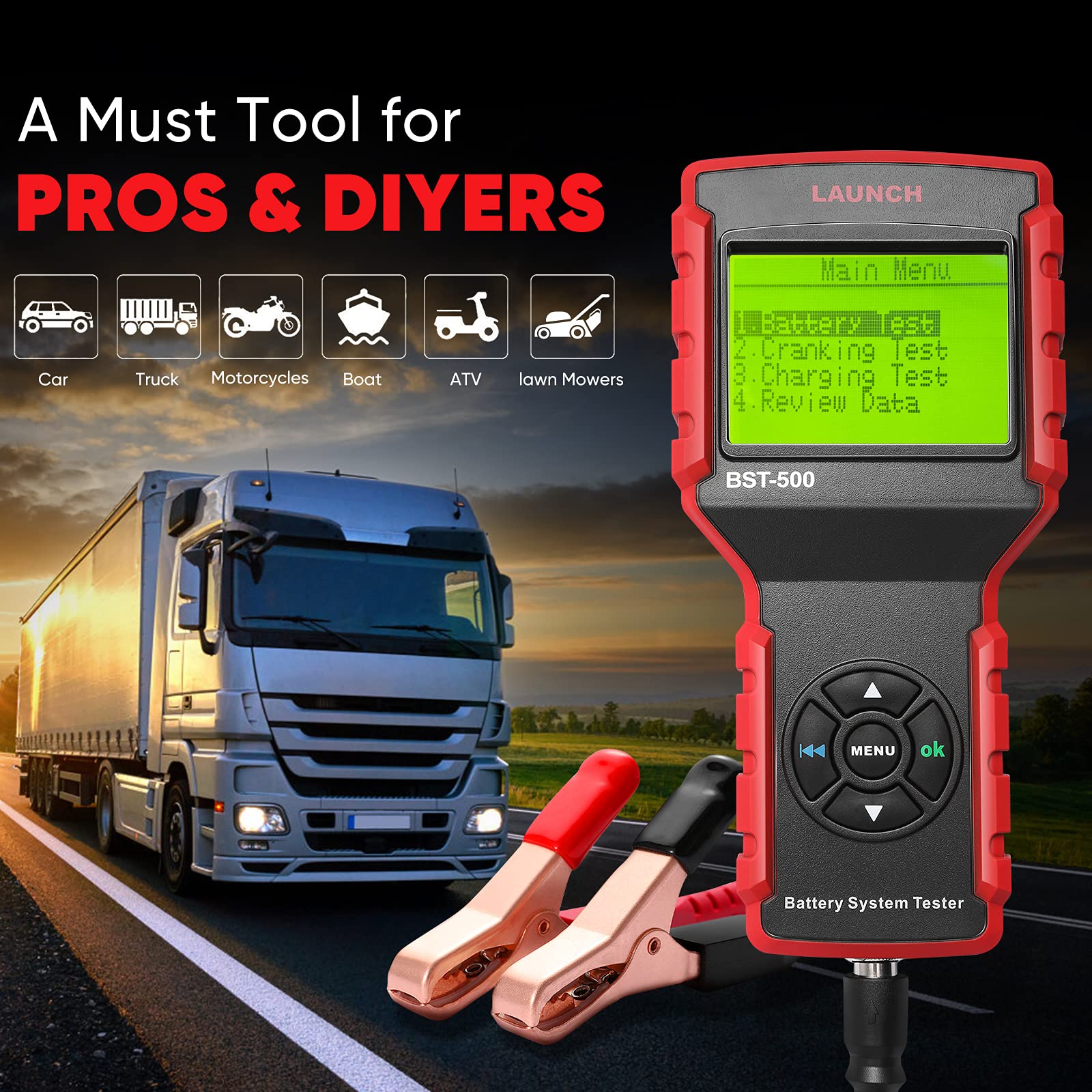 LAUNCH BST-500 12V/24V Car Battery Load Tester - 100-2000CCA Automotive Battery & Alternator Diagnostic Tool for Cars, Trucks, Boats, Lawn Mowers - Works with Flooded, AGM, Gel, EFB Batteries | Perfect for Mechanics, DIY Auto Repair & Fleet Maintenance