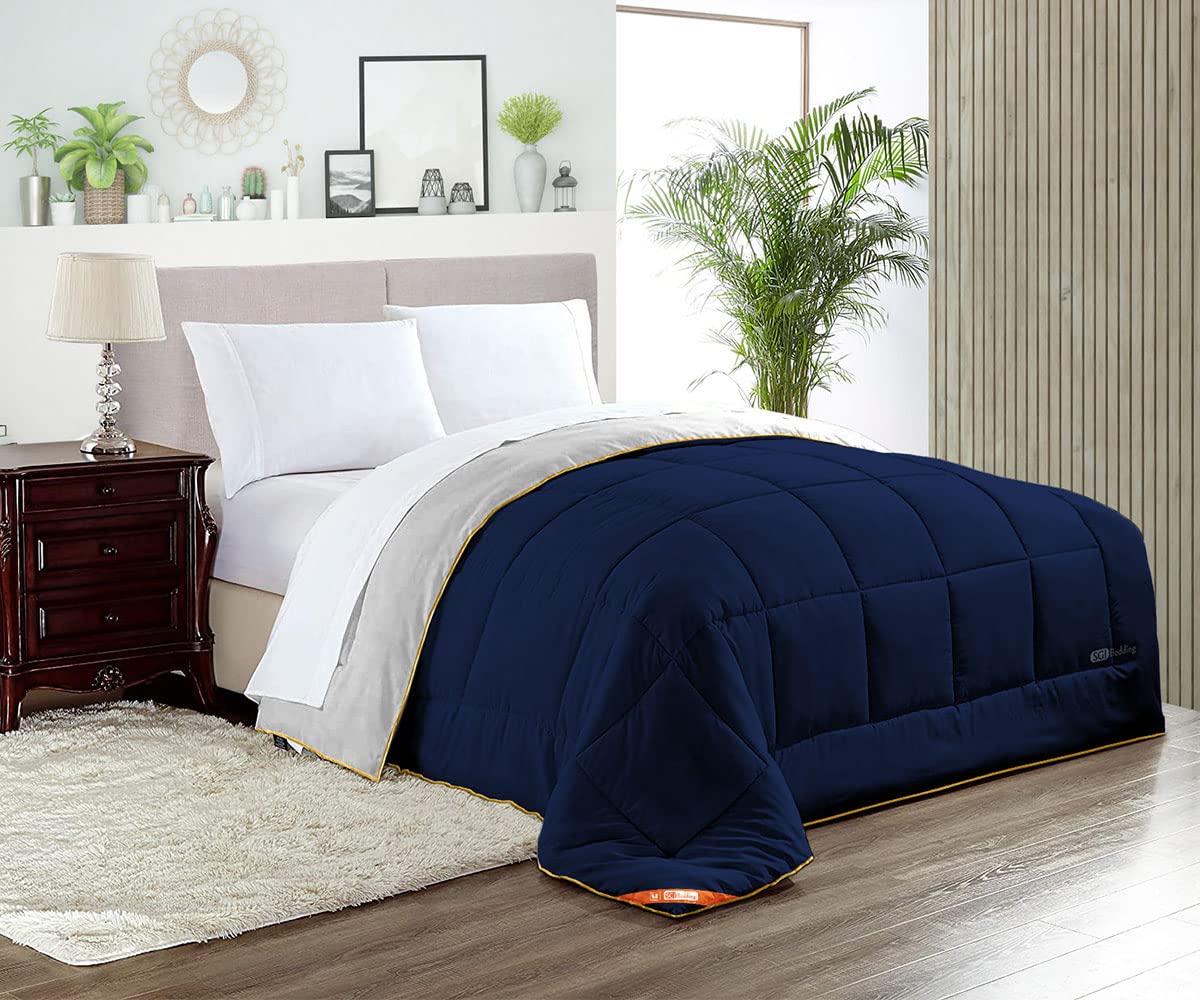 Premium SGI Down Alternative Queen Comforter - Light Grey & Navy Blue | 300 GSM Plush Siliconized Fiberfill | Box Stitched Quilted Design | 600 TC Egyptian Cotton Cover with Golden Piping | Ultra Soft All-Season Bedding for Cozy Sleep | Perfect for Master Bedrooms, Guest Rooms & Luxury Hotels