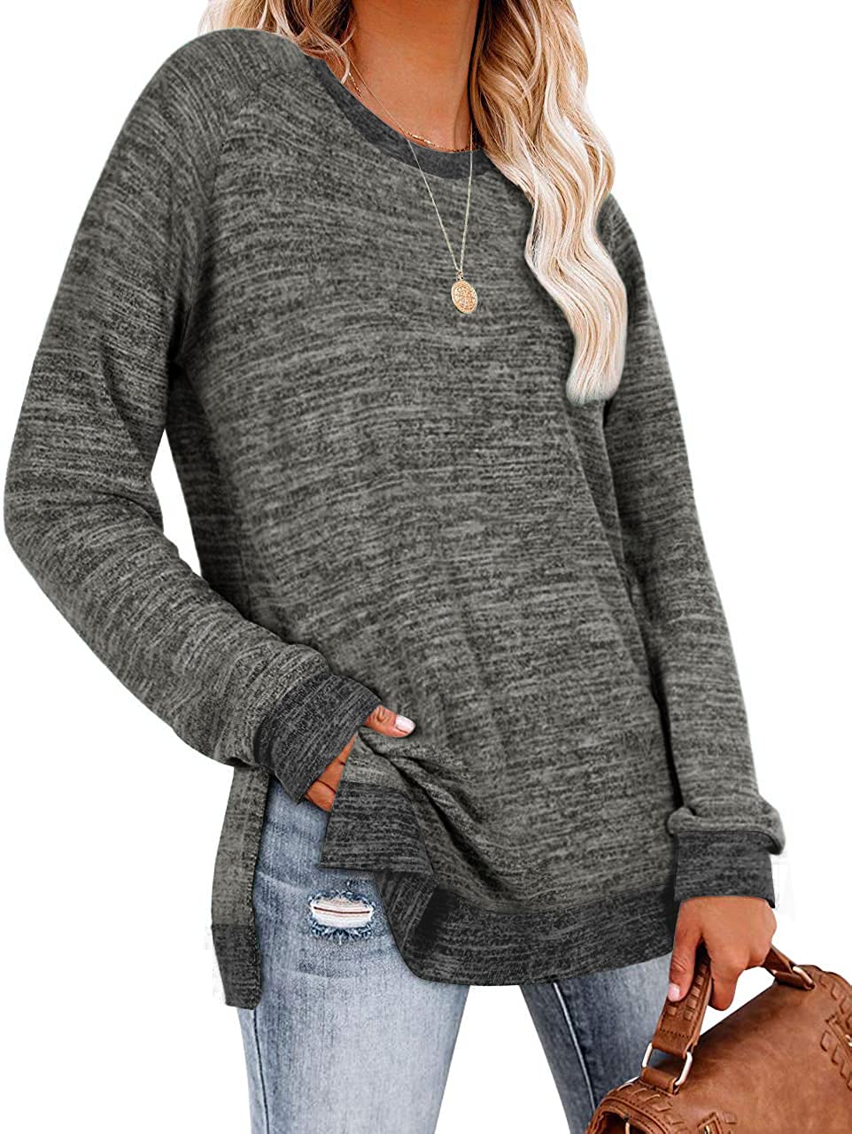 WELINCO Women's Color Block Crewneck Pullover Long Sleeve Tunic Top with Side Split - Casual Office Wear & Fall Layering Essential