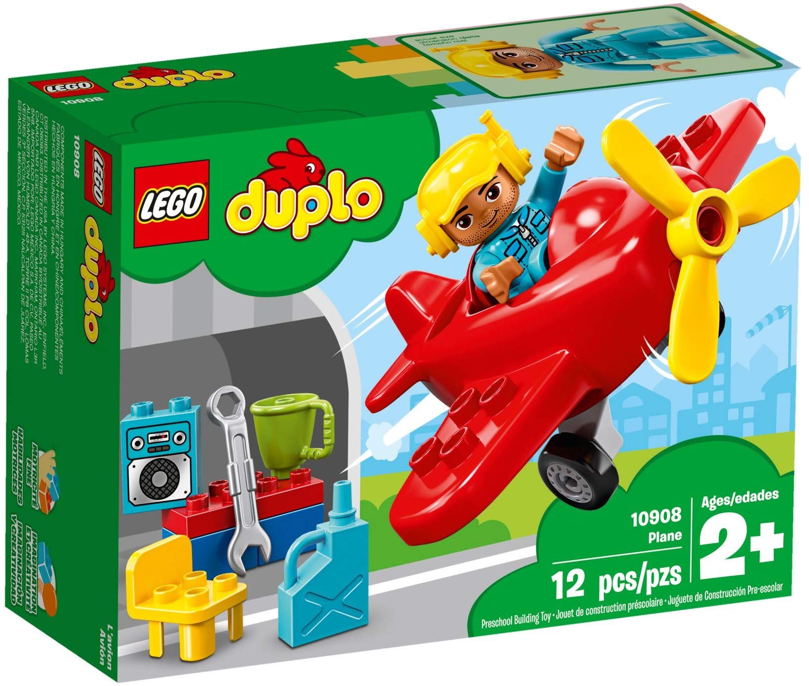 LEGO 10908 Duplo Town Airplane Building Toy for Kids Ages 3+ with Pilot Mini Figure & Accessories – Perfect for Pretend Play, Early Learning & Creative Development