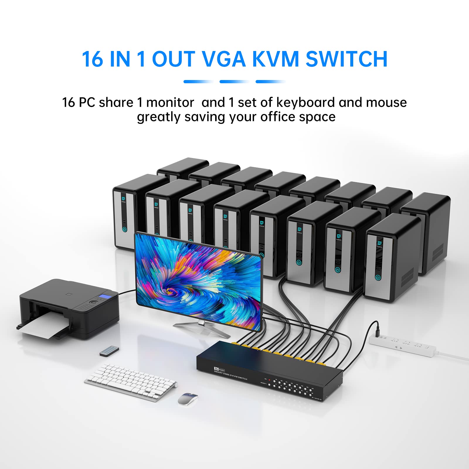 16 Port KVM Switch with 16-Pack Cables & IR Remote - 1U Rack Mount Console for Server Management | Supports HD 1080P VGA | Ideal for Data Centers, IT Labs & Network Control Rooms