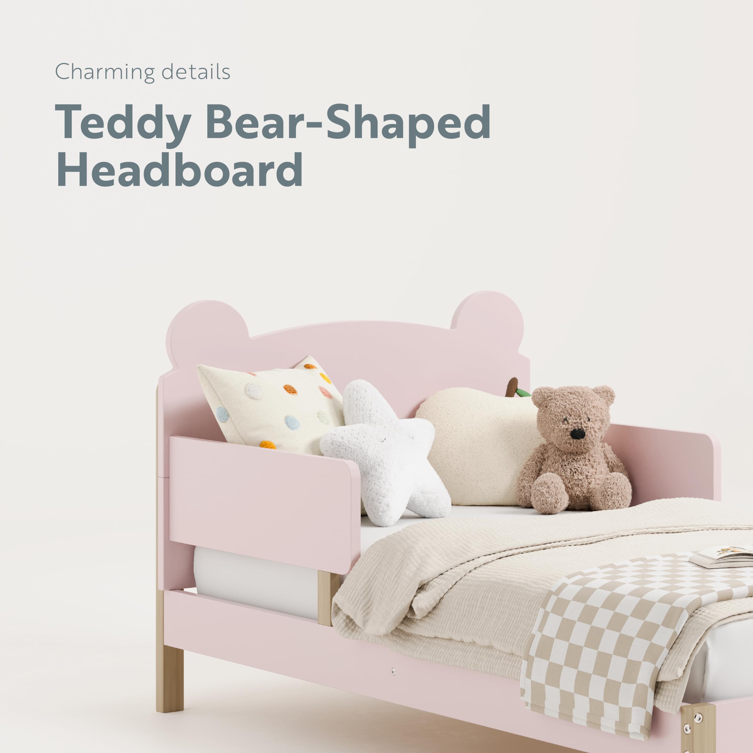 Storkcraft Teddy Bear Toddler Bed with Safety Rails - GREENGUARD Gold Certified, Blush & Driftwood 2-Tone Design, Fits Standard Crib Mattress | Cozy Nursery Furniture for Toddler's First Big Kid Bed Transition