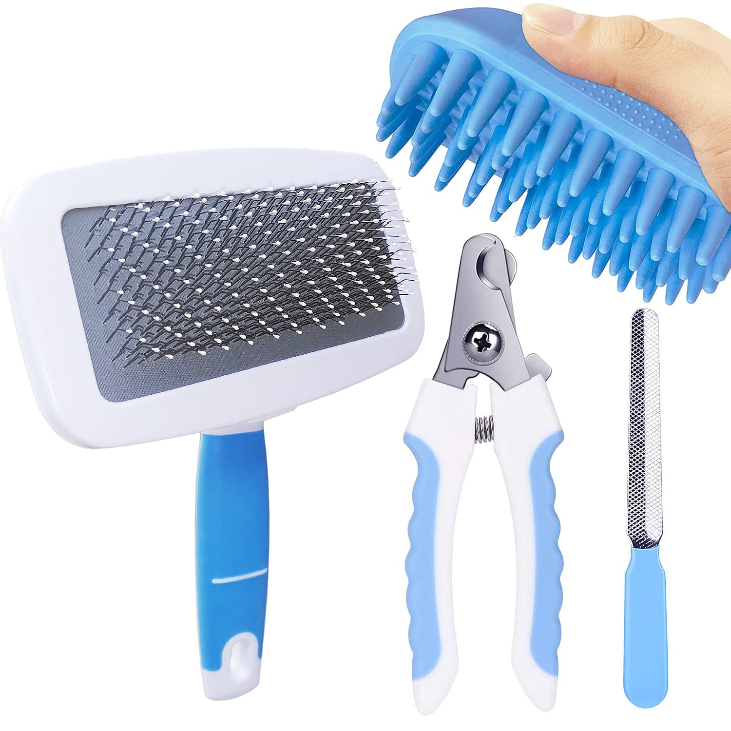 Self Cleaning Pet Brush & Nail Clipper Kit for Dogs and Cats - Safe Grooming Tools with Safety Lock to Prevent Over-Trimming | Professional Pet Grooming Supplies for Shedding Control & Nail Care at Home