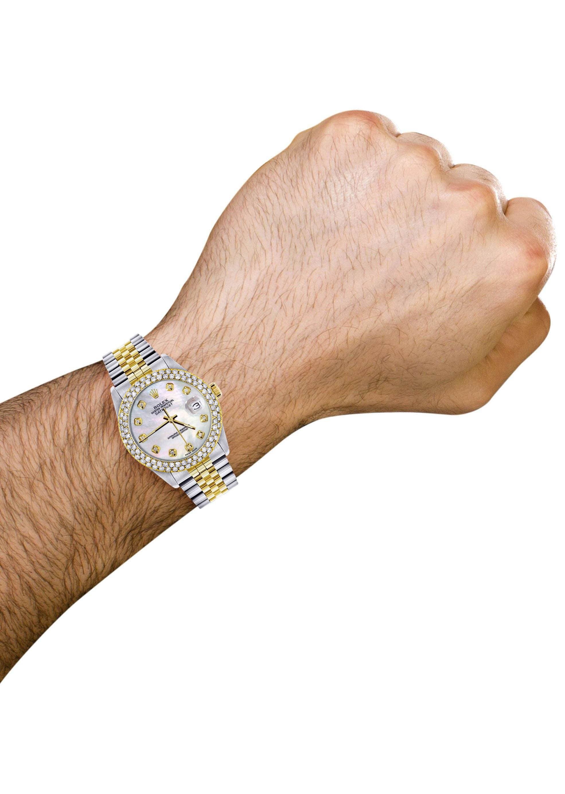 Luxury Diamond Gold Rolex Watch For Men 16233 | 36mm Stainless Steel | Mother of Pearl Dial | 4.25 Carat Diamond Bezel | Jubilee Bracelet | Perfect for Gifts, Weddings & Special Occasions
