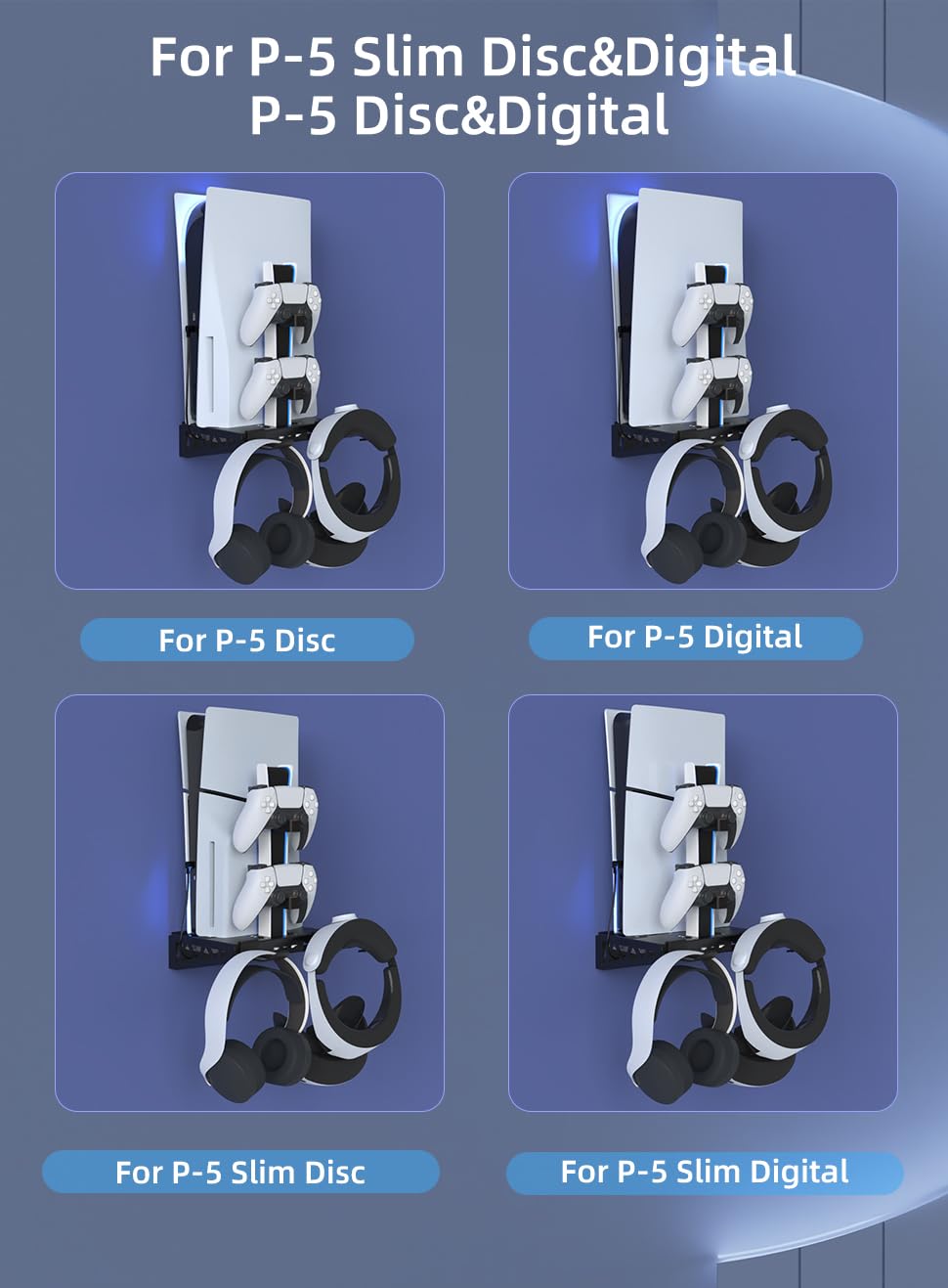 PS5 Wall Mount Bracket Kit with Cooling Fan & Charging Station - Floating Shelf Mount for PS5/PS5 Slim/PS5 Pro Disc & Digital Edition - Space-Saving TV Console Organizer for Gaming Room & Living Room Setup