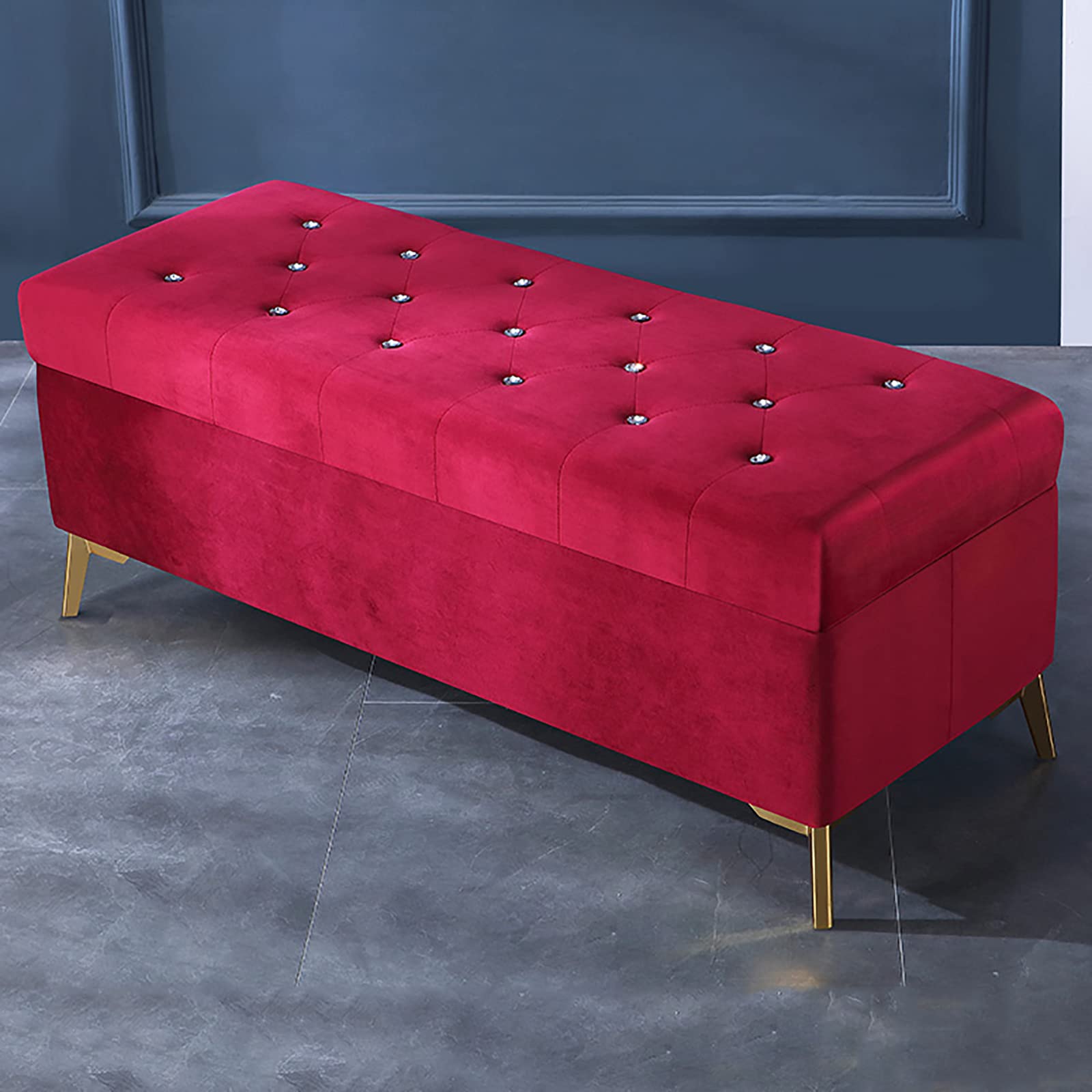 Luxury Velvet Upholstered Storage Ottoman Bench with Crystal Buttons - Wine Red 60x42x45cm (24x17x18in) - Multi-Functional Footrest, Shoe Bench & Bedroom Decor for Living Room, Bedroom & Entryway