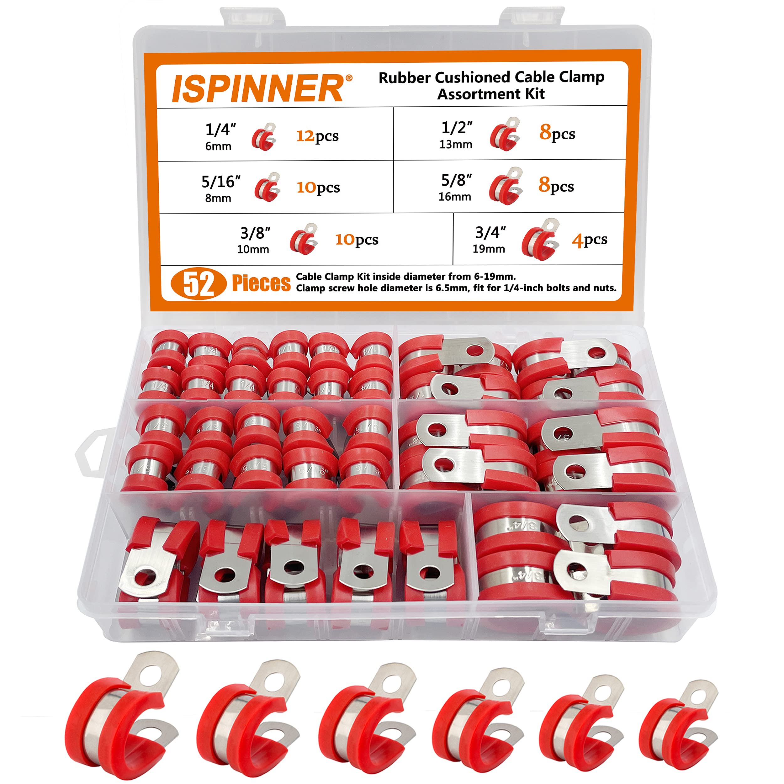 ISPINNER 52pcs Stainless Steel Cable Clamps Kit - 304 Rustproof Pipe Clamps with Rubber Cushion in 6 Sizes (1/4