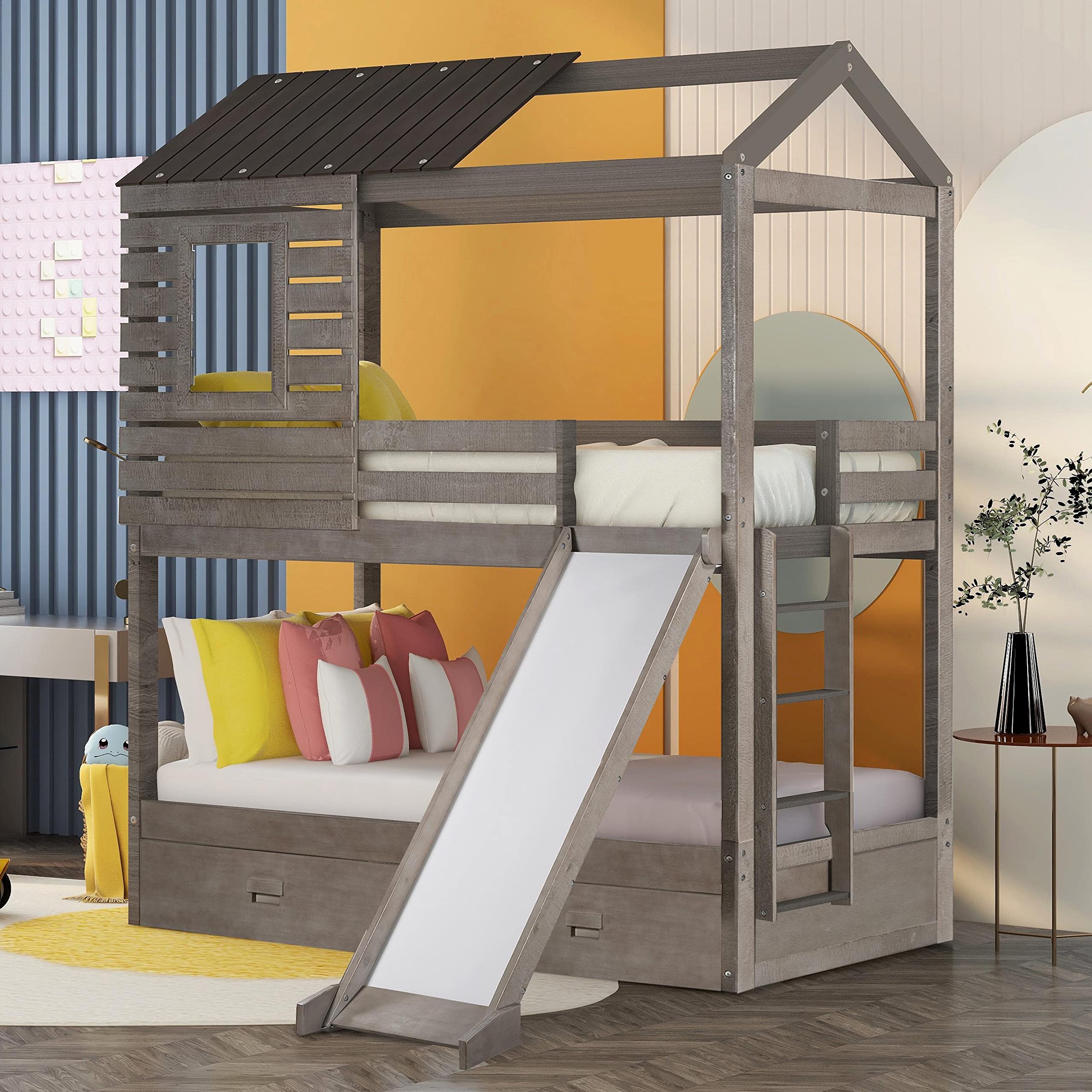 MERITLINE Kids Twin Over Twin Bunk Bed with Slide, Stairs, Drawers & Roof - House-Shaped Wooden Bed Frame for Children (Distressed Grey) - Perfect for Bedrooms, Playrooms & Sleepovers