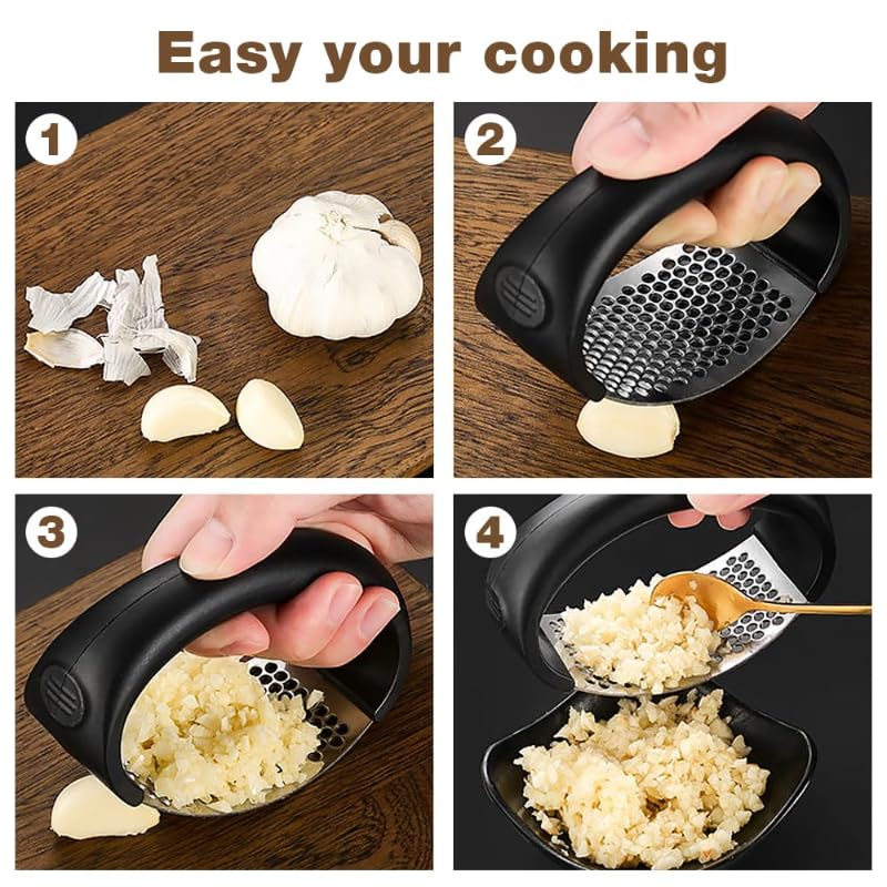 Premium Stainless Steel Garlic Press Rocker - Manual Garlic Crusher & Masher with Peeling Drum - Durable Kitchen Gadget for Chopping, Mincing Garlic - Perfect for Home Cooking, Restaurants & Camping (Black)
