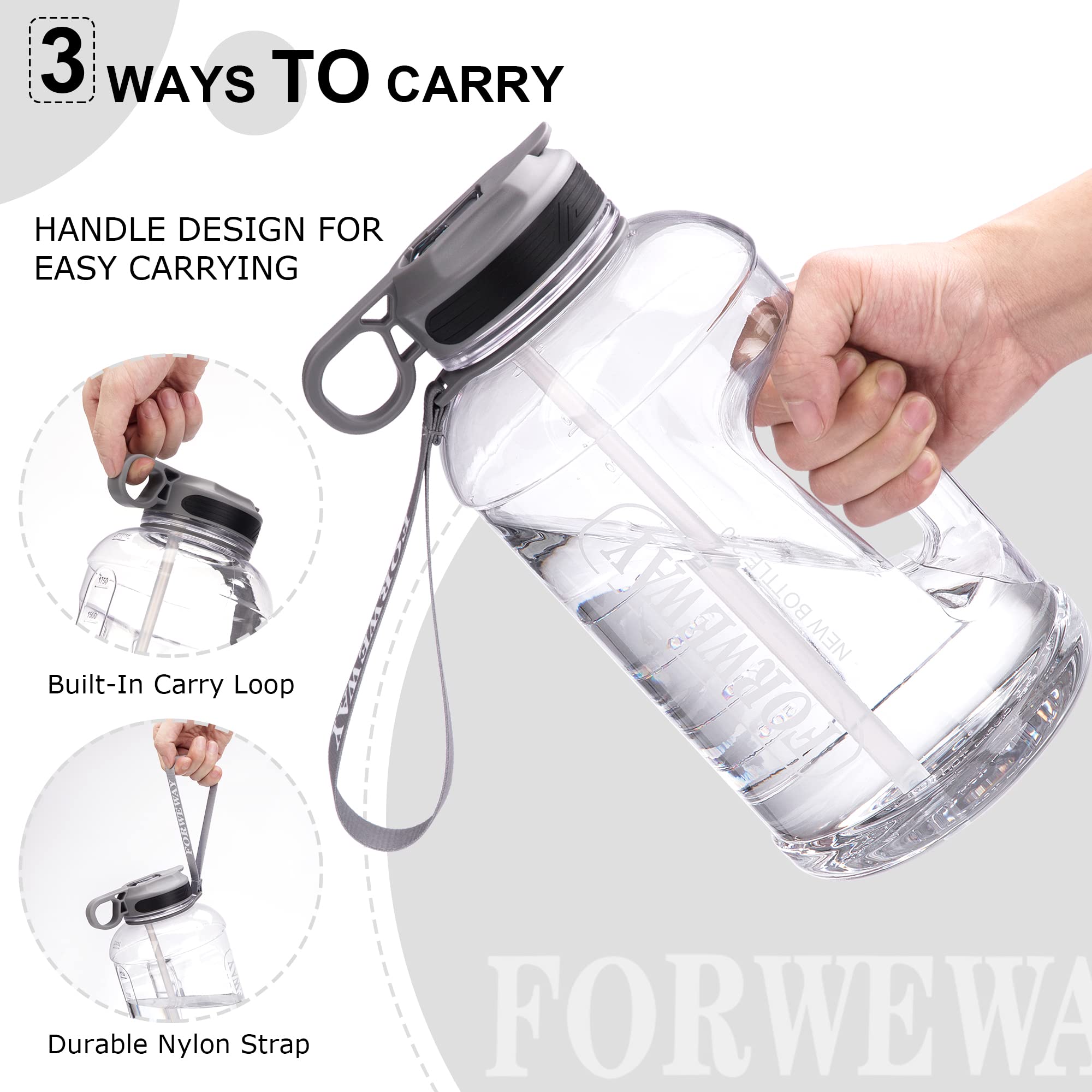 **2.2L (74oz) Large Leakproof Sports Water Bottle with Straw & Handle - BPA Free Half Gallon Water Jug for Camping, Hiking, Gym & Outdoor Activities (Clear)**