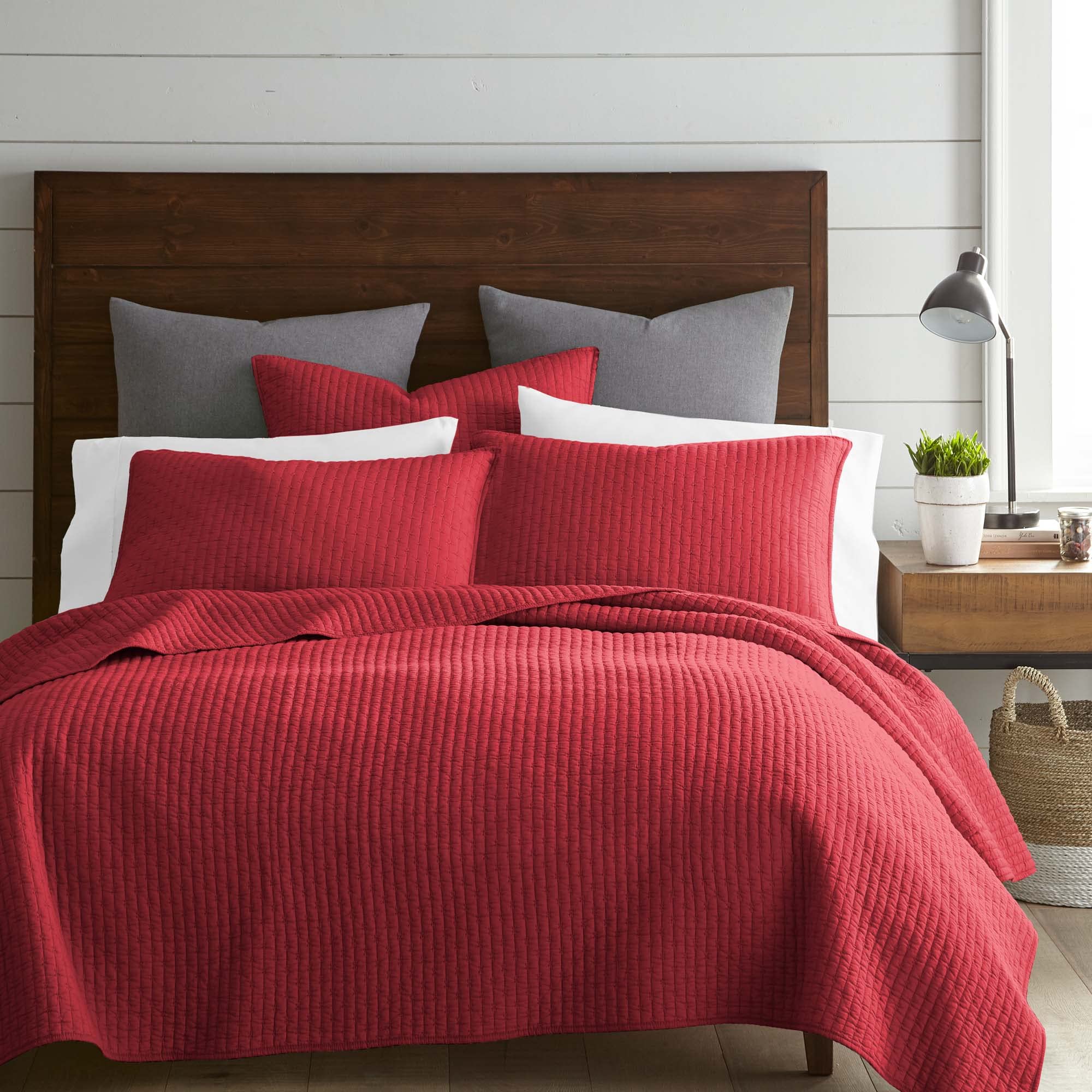Levtex Home - 100% Cotton Reversible Cross Stitch Chile Red Quilt Set - Full/Queen Size (88x92in) with 2 Standard Shams (26x20in) - Soft & Breathable Cotton Fabric - Perfect for Bedroom Decor, Guest Room, or Cozy Farmhouse Style