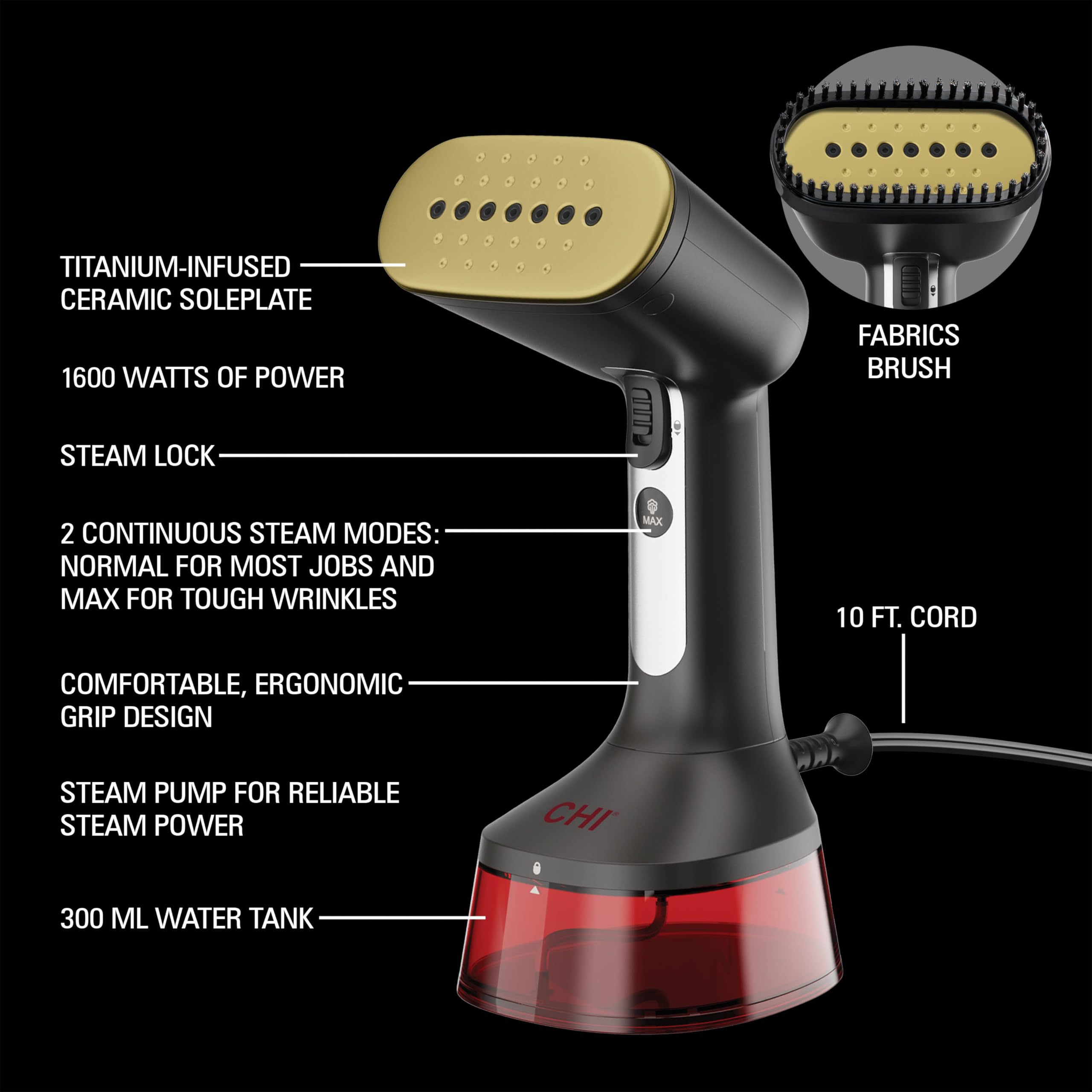 CHI Handheld Garment Steamer for Clothes - 1600W Portable Fabric Steamer with 300ml Large Water Tank, 2 Steam Modes & Ergonomic Handle - Perfect for Travel, Home Use & Wrinkle Removal - 10ft Power Cord, Red (Model 11590)