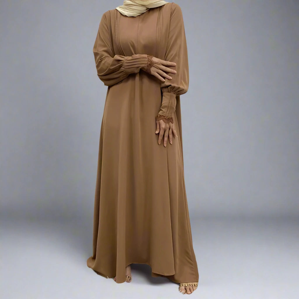 Elegant Front Zipper Lace Sleeve Muslim Abaya Dress for Women - Modest Islamic Prayer Dress for Mosque, Eid & Special Occasions