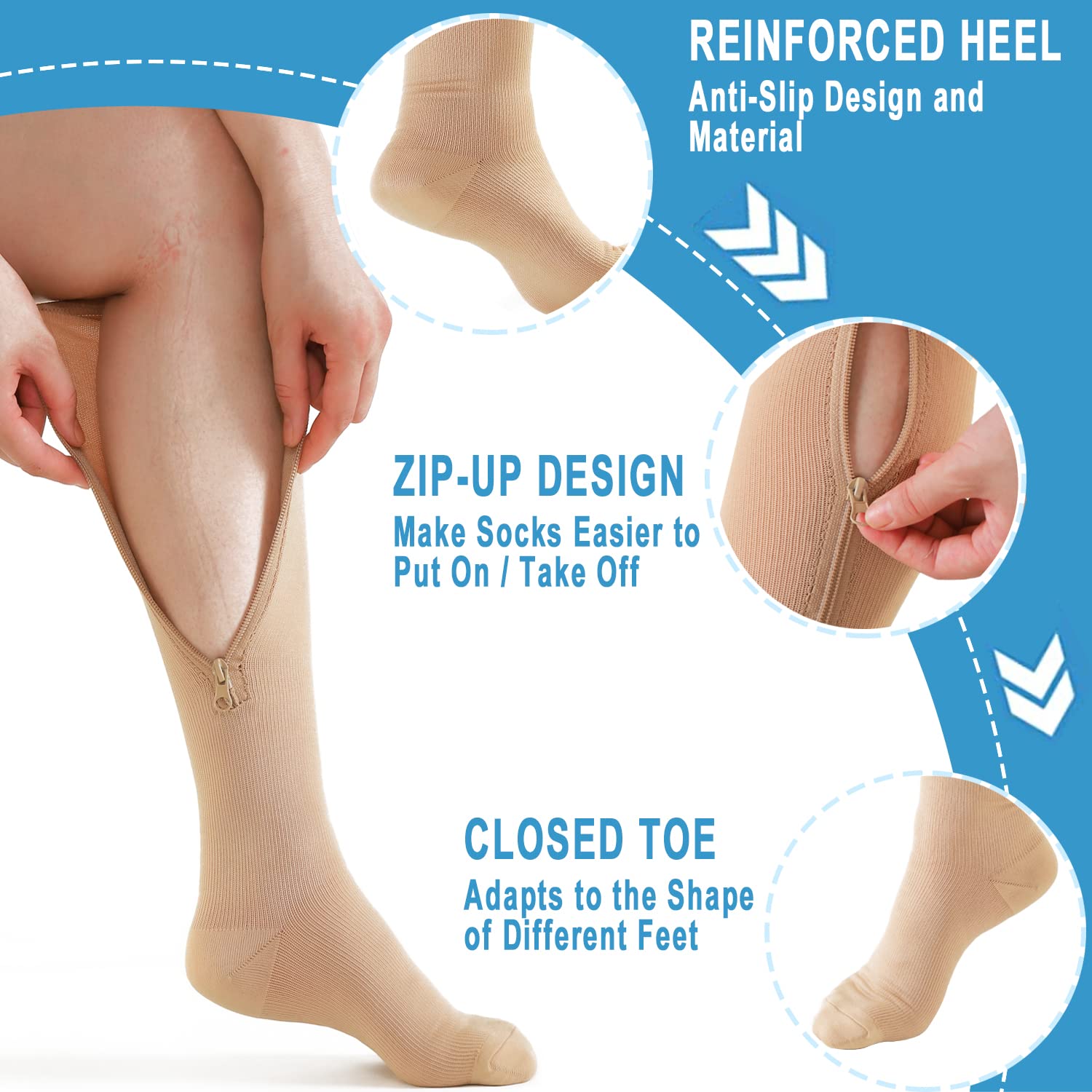 2 Pairs Medical Zipper Compression Socks 15-20mmHg for Women & Men - Knee High Support Stockings for Circulation, Swelling Relief - Perfect for Travel, Nursing & Post-Surgery Recovery