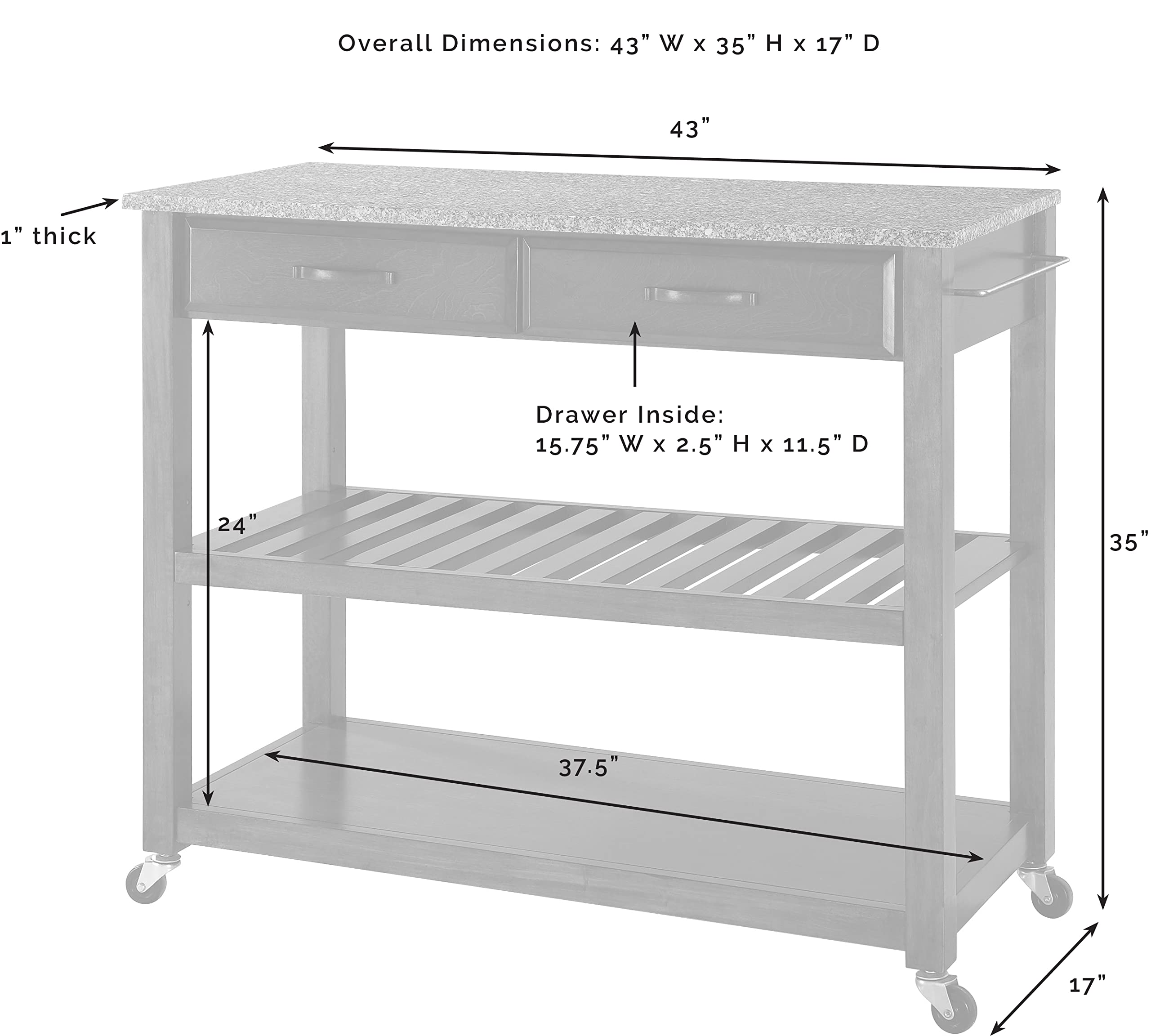 Crosley White Granite Top Kitchen Prep Rolling Cart - Microwave Stand, Coffee Bar with Shelves - Perfect for Small Spaces, Apartments & Dorm Rooms