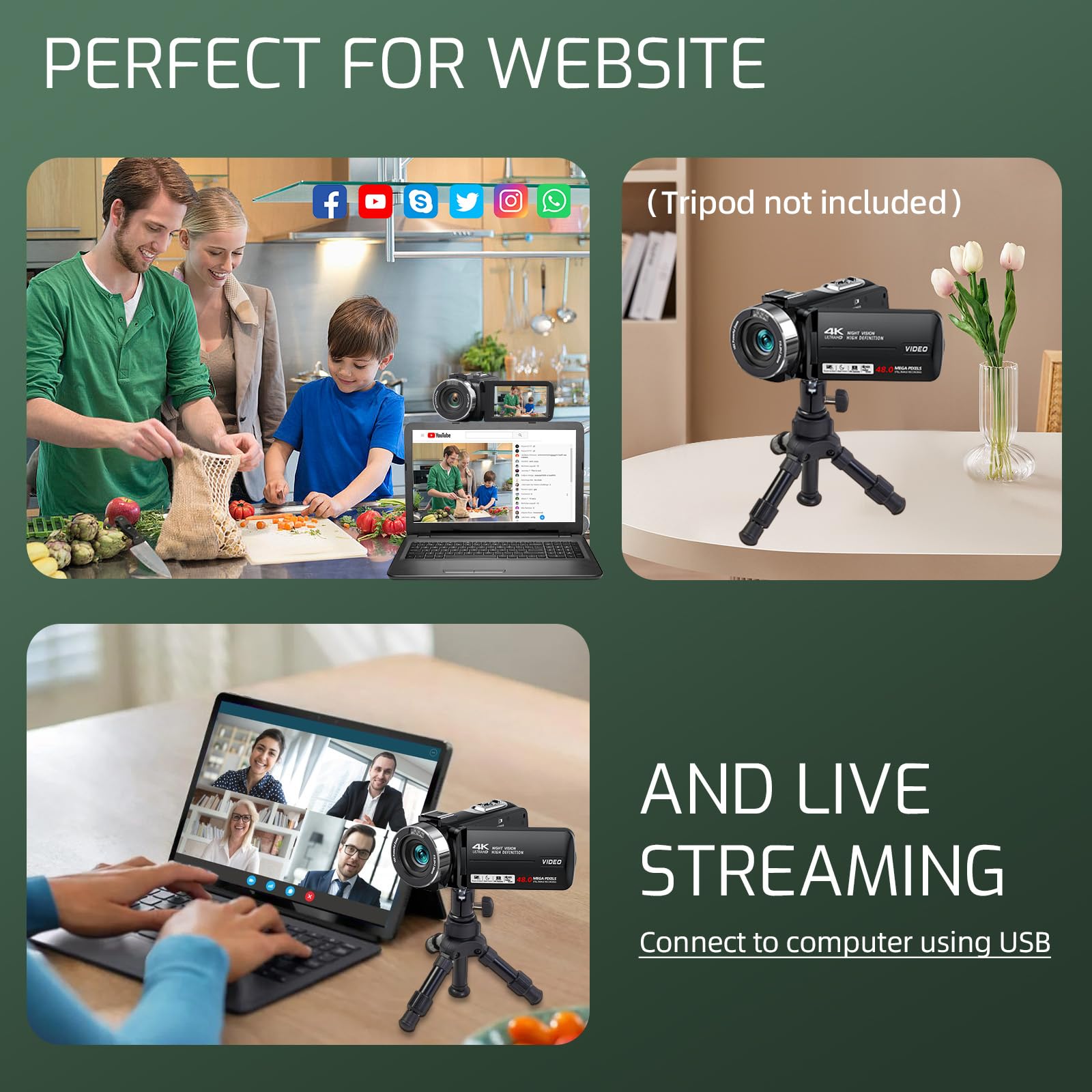 4K Video Camera Camcorder 48MP 30FPS with IR Night Vision, 18X Digital Zoom, 3.0