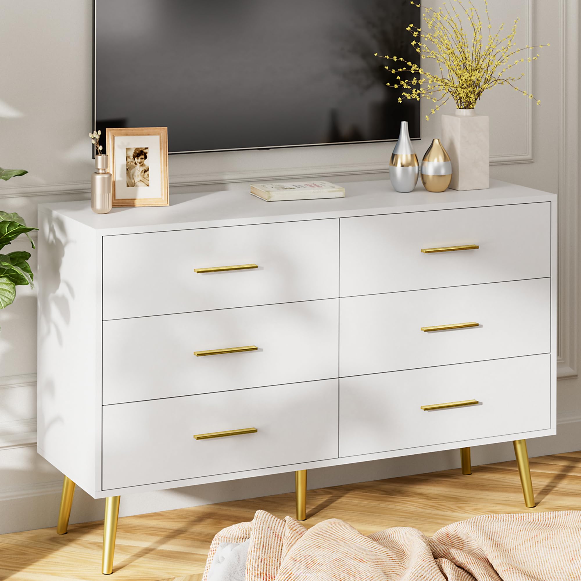 LYNSOM White 6-Drawer Wood Dresser with Gold Handles - Modern Bedroom Chest Organizer for Clothes Storage | Perfect for Bedroom, Living Room, Hallway & Entryway Organization