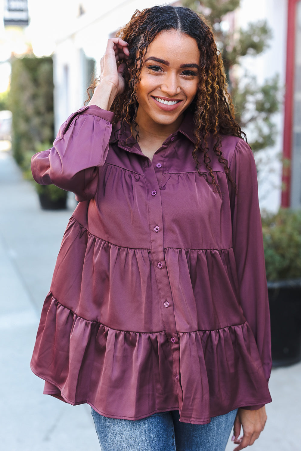 Burgundy Satin Babydoll Top with Button Down & Tiered Design - Perfect for Date Nights, Parties & Casual Outfits