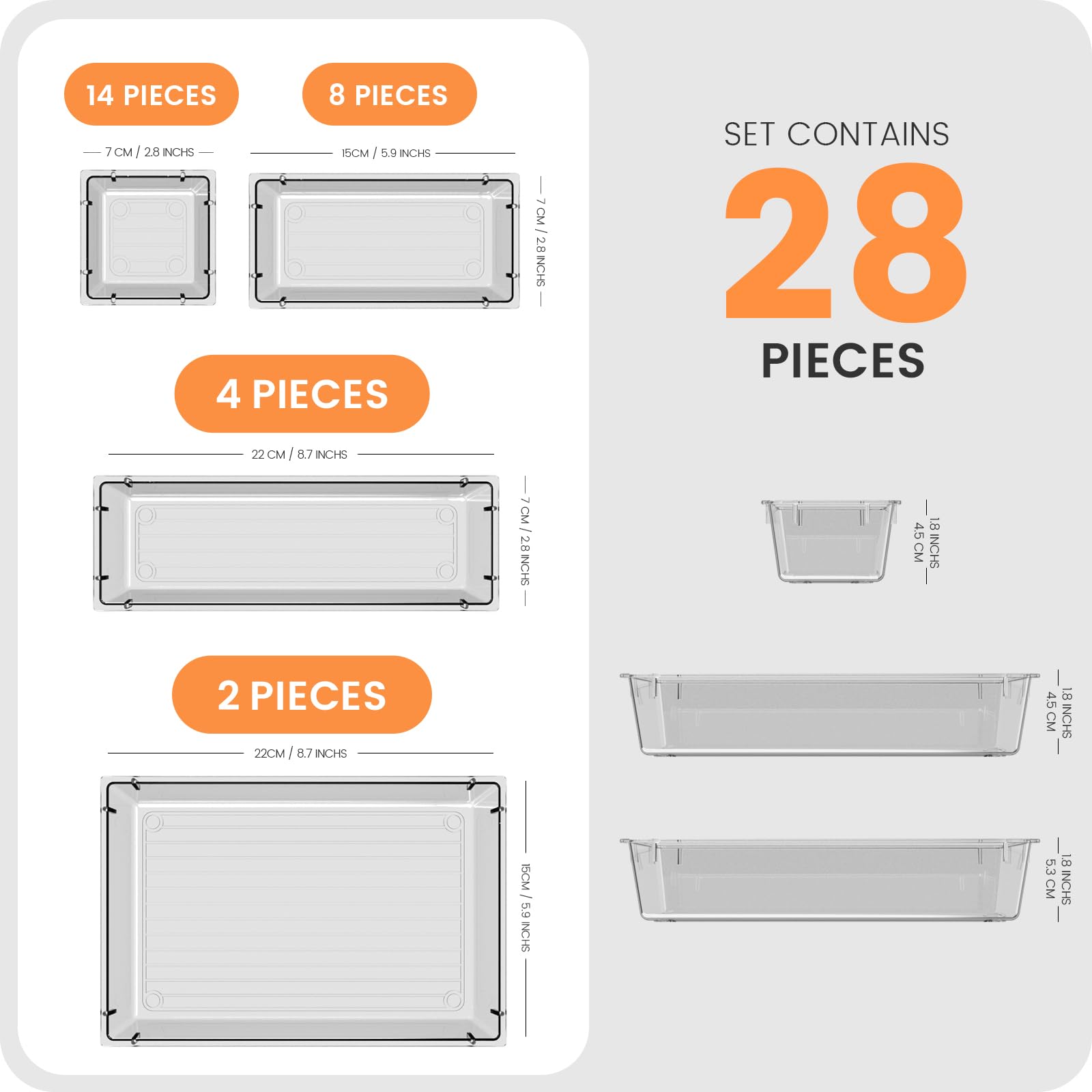 28-Piece Clear Drawer Organizer Set - 4 Sizes for Bathroom, Makeup, Office & Kitchen Storage | Perfect for Vanity, Jewelry, Pantry & Garage Organization