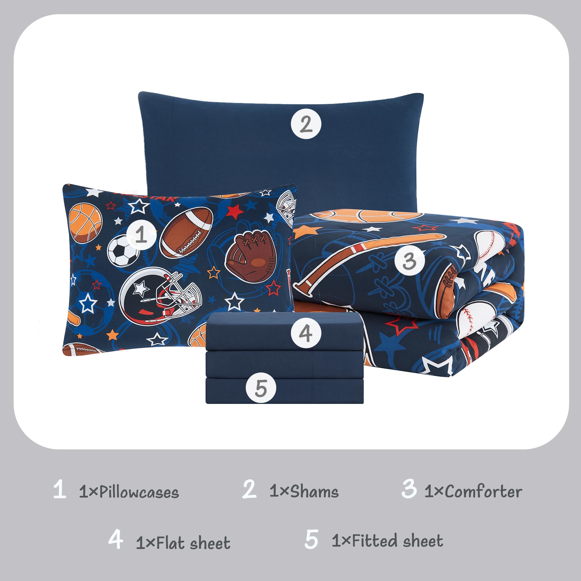 5-Piece Twin Kids Comforter Set for Boys & Girls - Glow in The Dark Sports Ball Design, Includes Sheets & Bedding - Perfect for Teen Bedrooms, Sleepovers & Game Room Decor