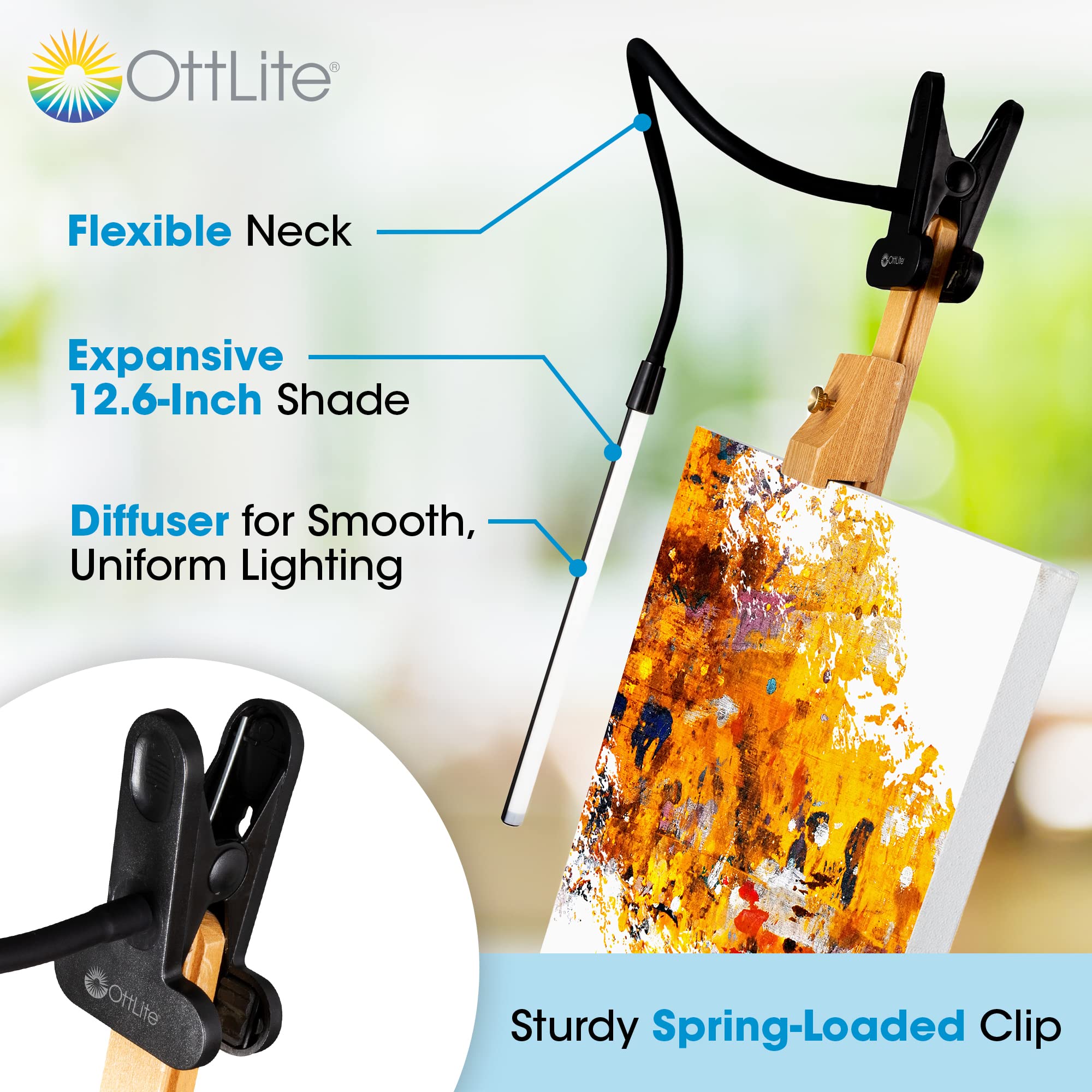 OttLite Clip-On LED Easel Lamp with ClearSun Technology - Adjustable Gooseneck Desk Light with Sturdy Clip & On/Off Switch - Perfect for Reading, Crafting, Piano Practice, Computer Work & Home Office Lighting