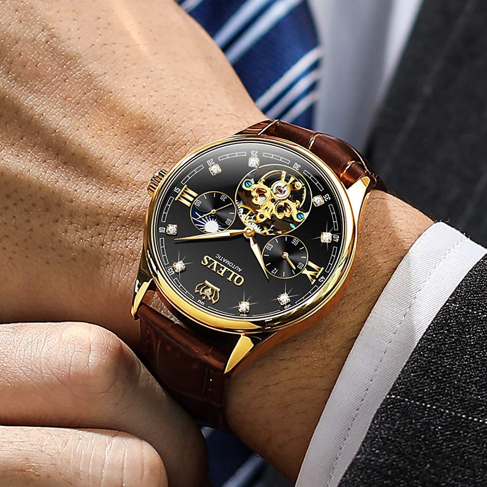 OLEVS Men's Luxury Automatic Mechanical Skeleton Watch with Tourbillon & Diamond - Self-Winding Dress Wristwatch, Moon Phase, Waterproof & Luminous - Perfect for Business, Formal Events & Gift Giving
