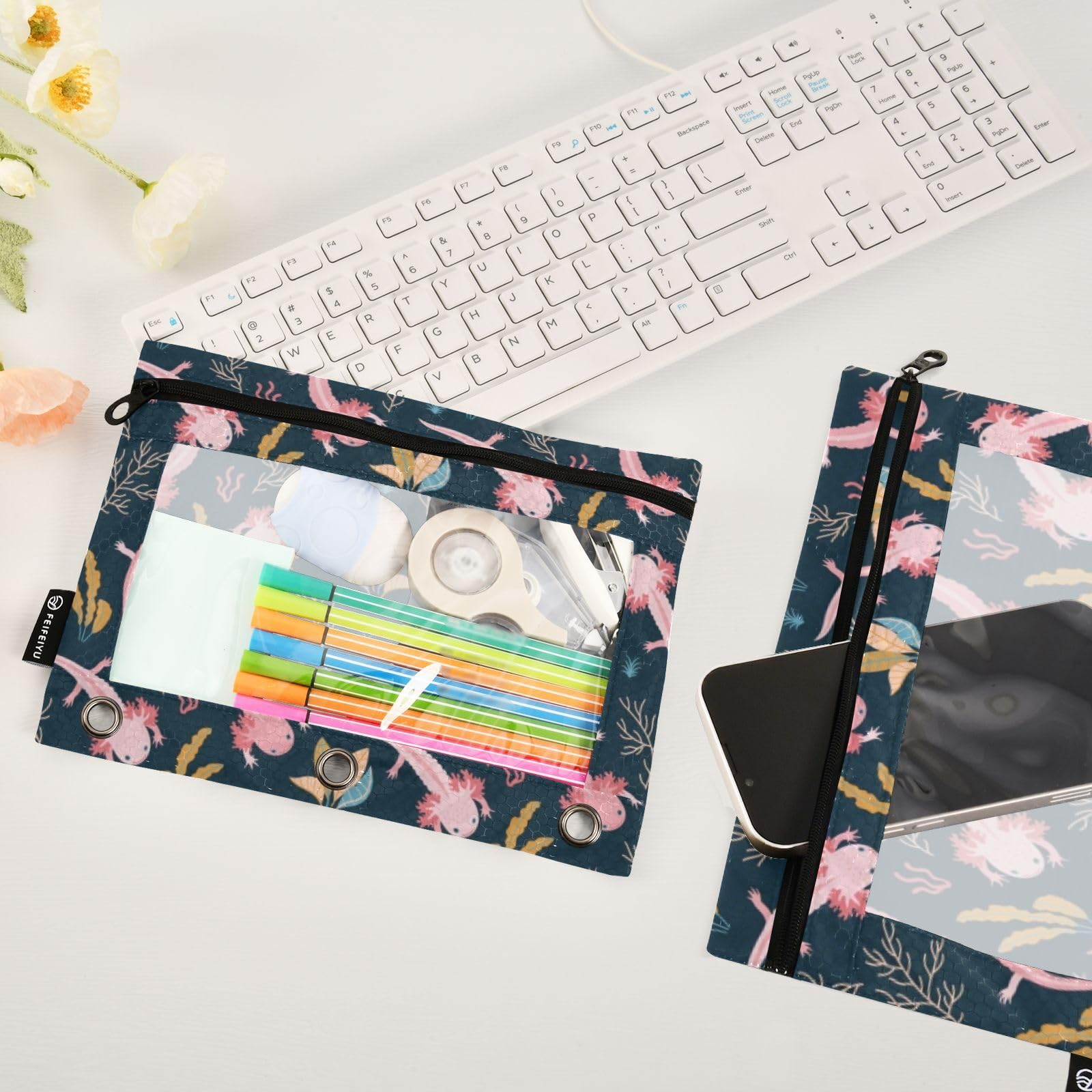 2 Pack Cute Axolotl Pencil Pouches for 3-Ring Binders - Zippered School & Office Organizer with Reinforced Grommets - Perfect for Students, Teachers & Back to School Supplies