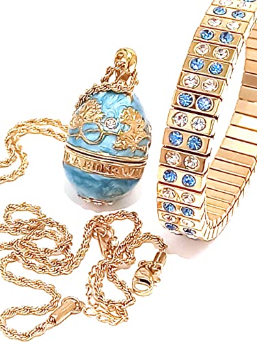 Handmade Blue Topaz Pendant Necklace & Austrian Crystal Bracelet Set - 24k Gold Plated Russian Faberge Egg Jewelry for Women | Unique Birthday, Anniversary Gift for Her | Perfect for Weddings, Parties & Special Occasions
