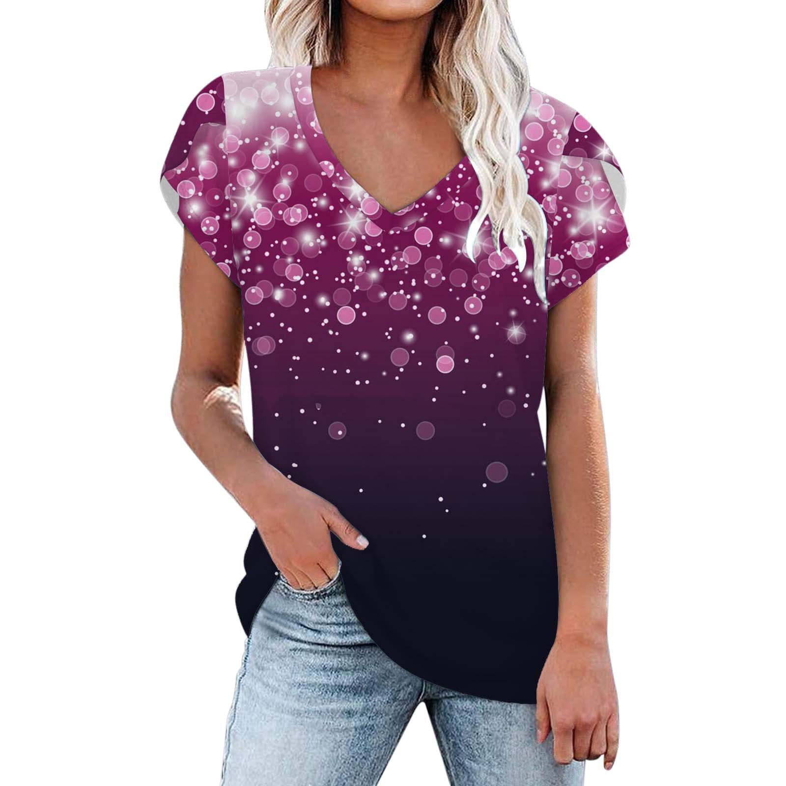 Women's Casual Loose V-Neck T-Shirt with Petal Sleeves - Summer Blouse Top in Pink (Size M) - Perfect for Daily Wear, Office, and Weekend Outings