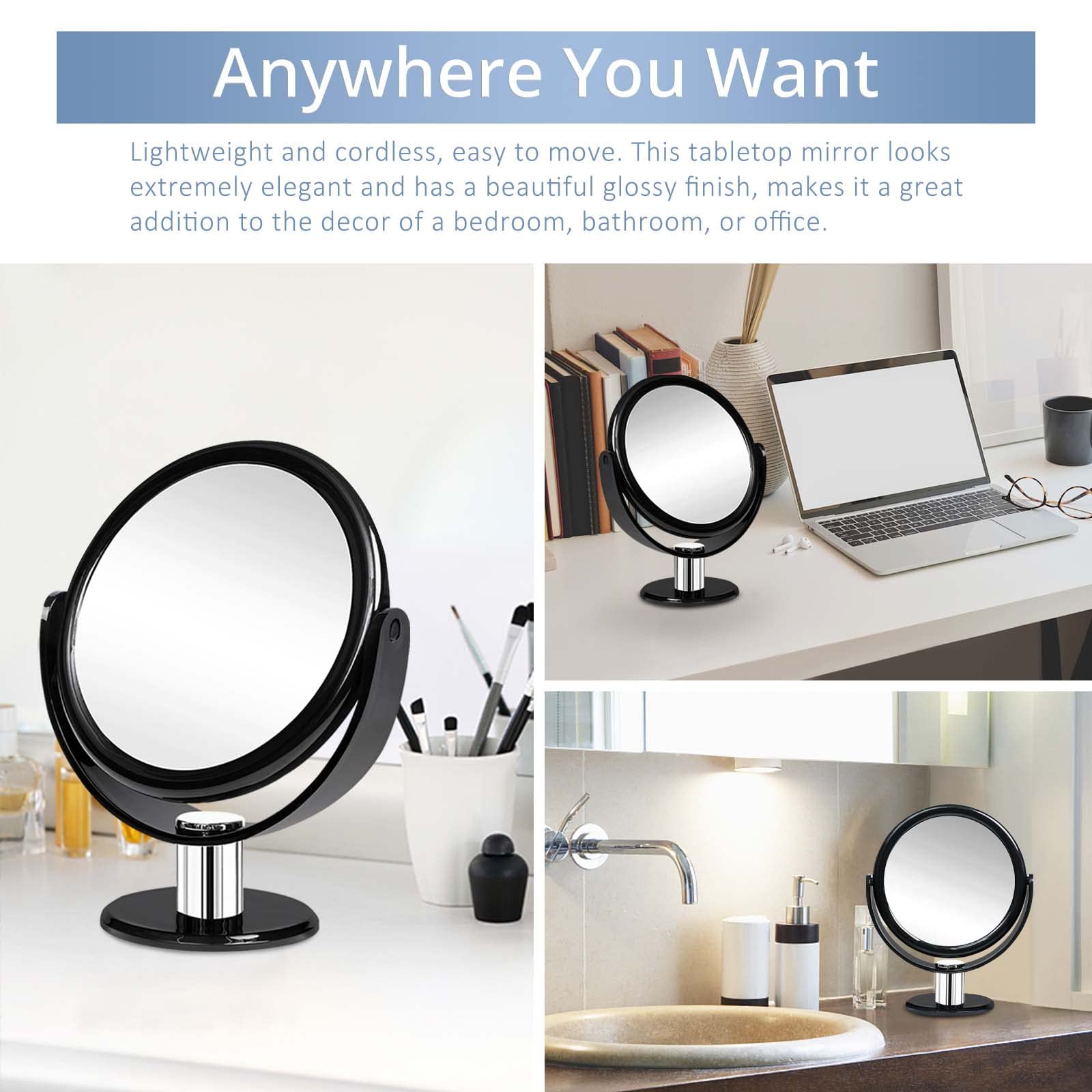 Fabuday 7 Inch Double Sided Magnifying Makeup Mirror - 1x & 10x Magnification, Adjustable Tabletop Vanity Mirror with Stand for Precise Makeup Application, Eyebrow Tweezing & Skincare - Black